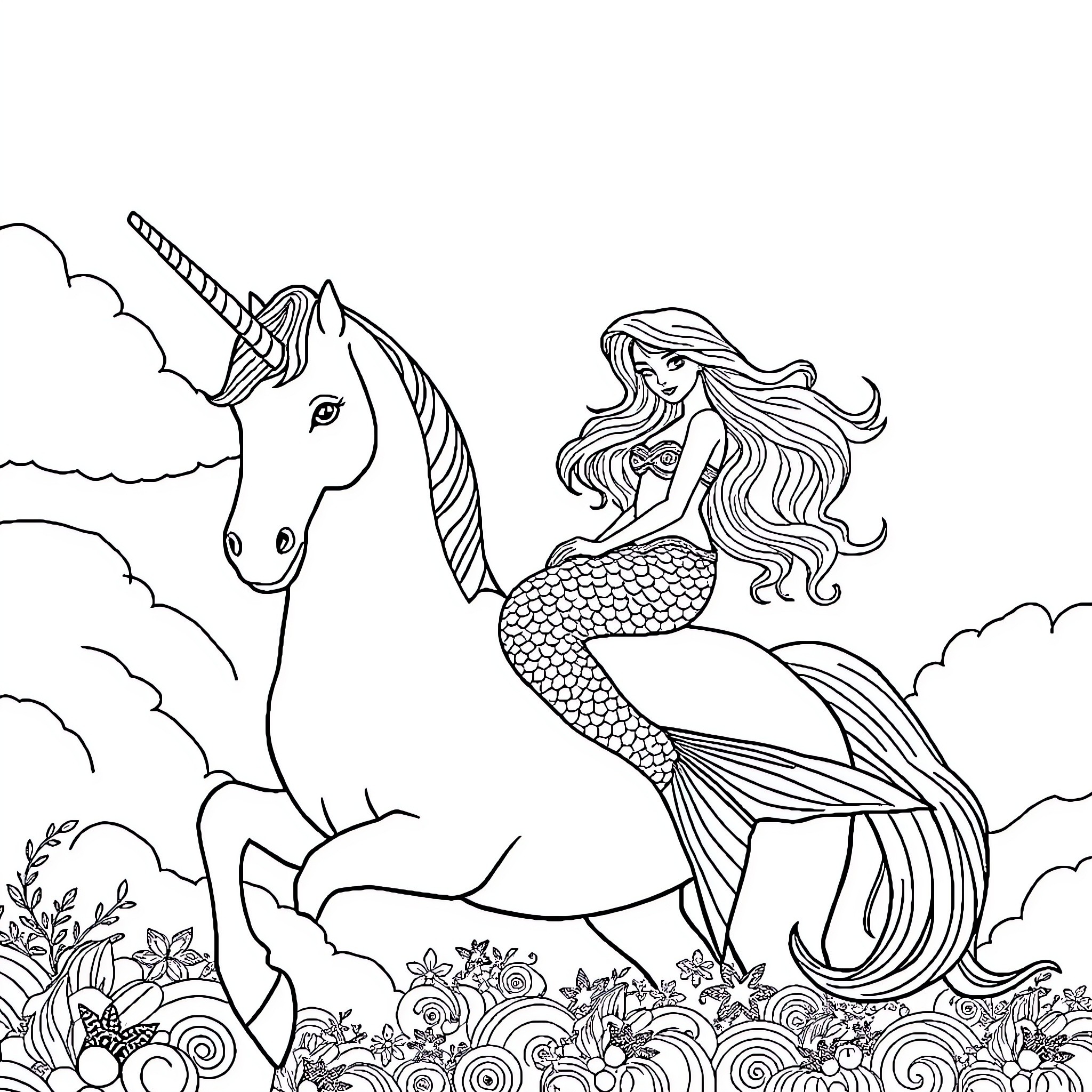 Mermaid riding a magical unicorn in a fantastical seascape Coloring Page (free black-and-white line drawing printable PDF for all, from beginners to advanced learners, including children, teens, adults, and seniors)