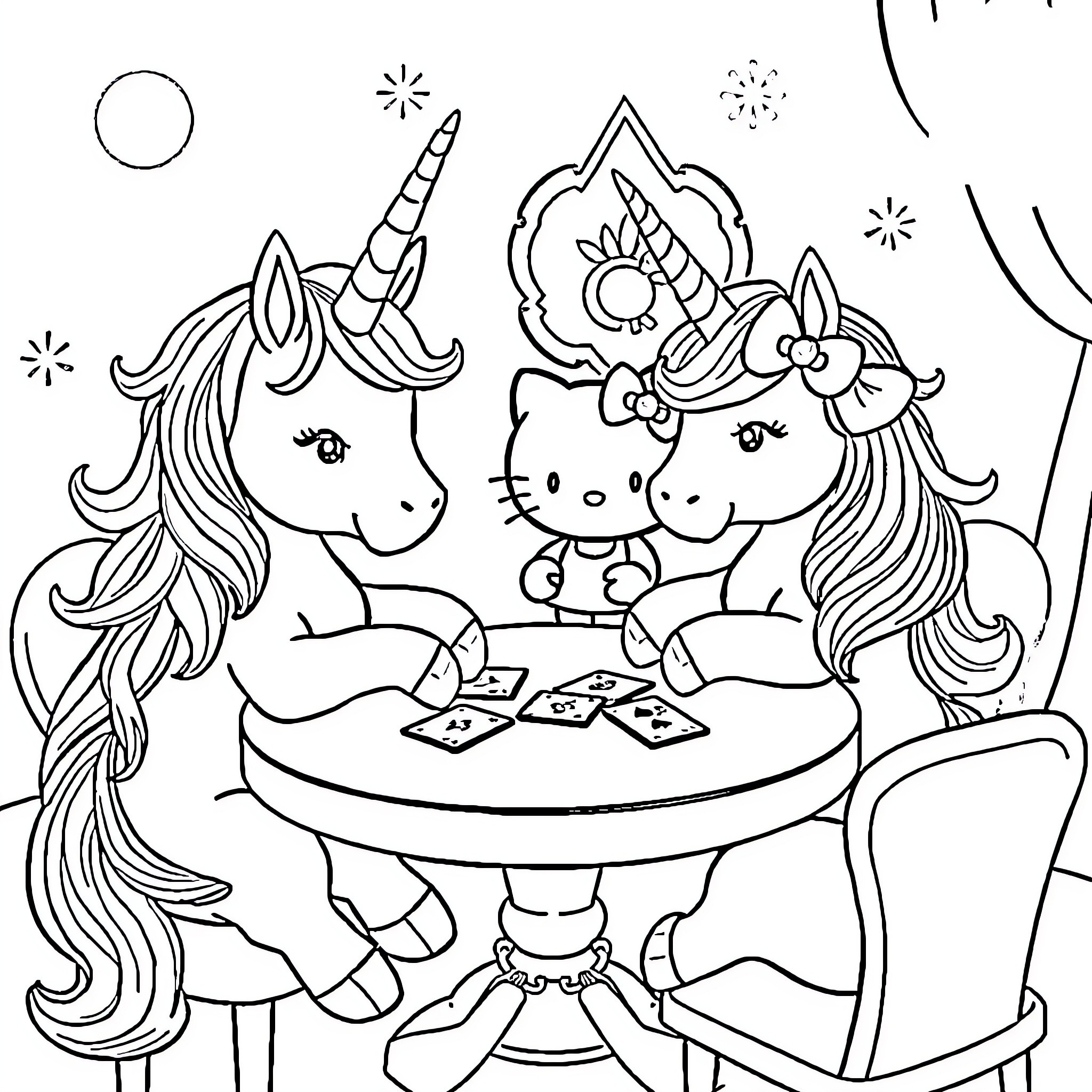 Unicorn friends playing cards under the starry night Coloring Page (free black-and-white line drawing printable PDF for all, from beginners to advanced learners, including children, teens, adults, and seniors)