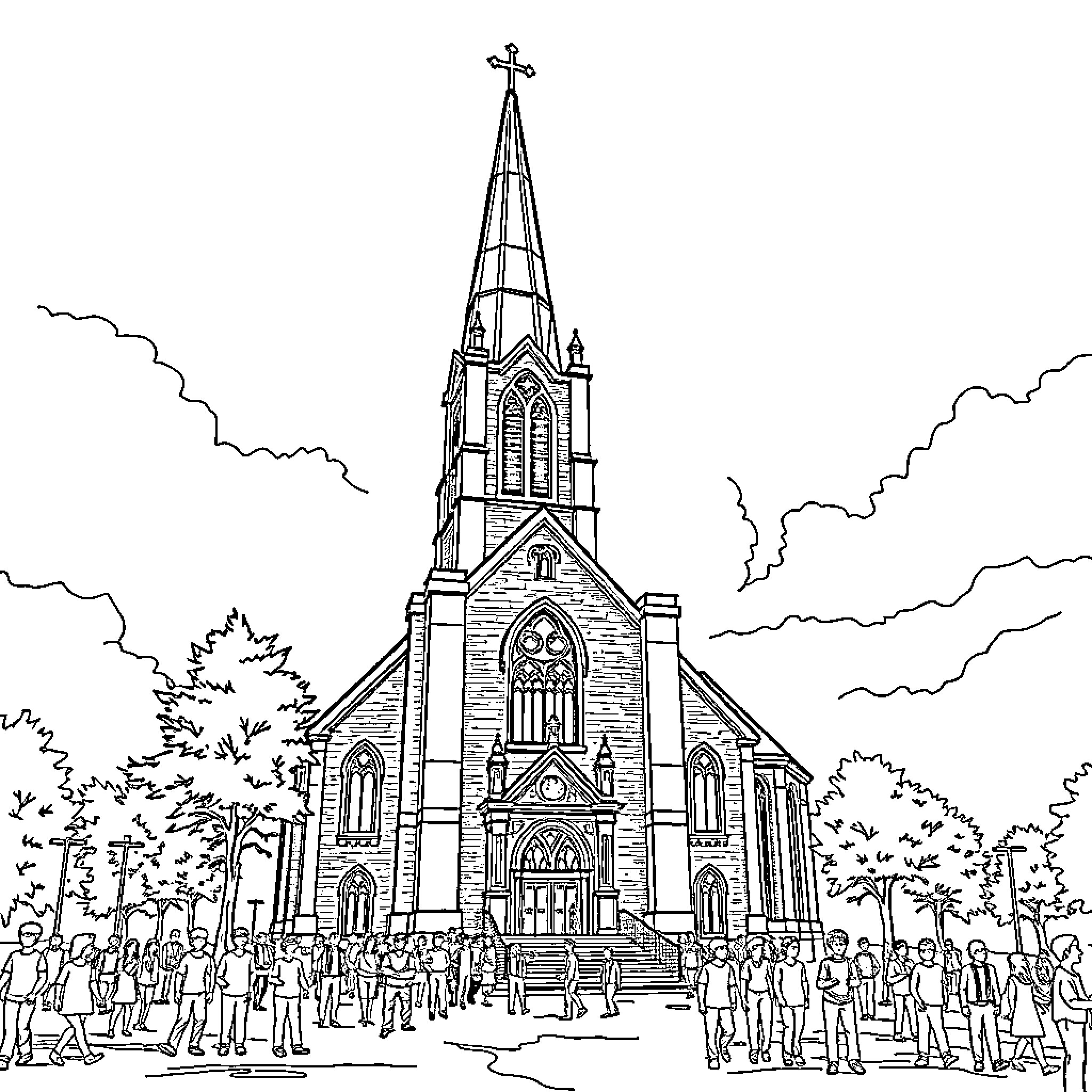 Church procession before majestic cathedral Coloring Page (free black-and-white line drawing printable PDF for all, from beginners to advanced learners, including children, teens, adults, and seniors)