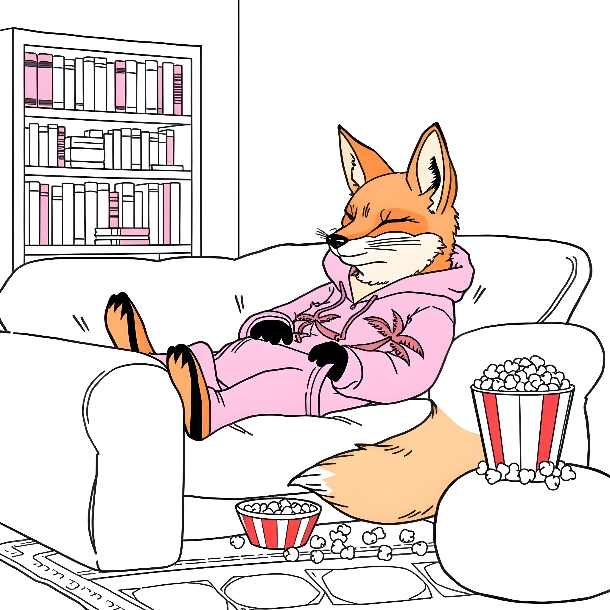 Fox relaxing on the couch with movie snacks Coloring Page (free black-and-white line drawing printable PDF for all, from beginners to advanced learners, including children, teens, adults, and seniors)