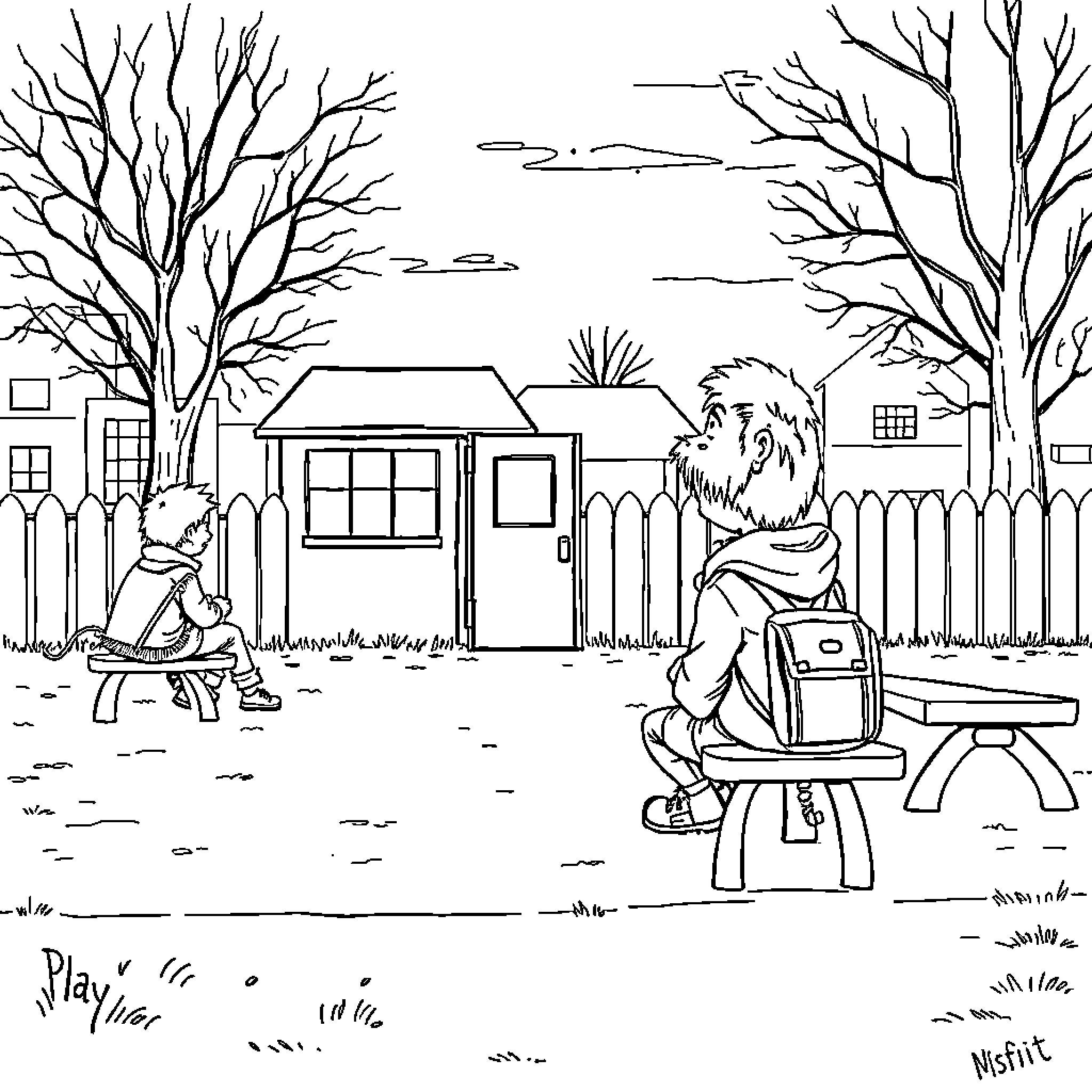 Misfit friends exploring the neighborhood Coloring Page (free black-and-white line drawing printable PDF for all, from beginners to advanced learners, including children, teens, adults, and seniors)