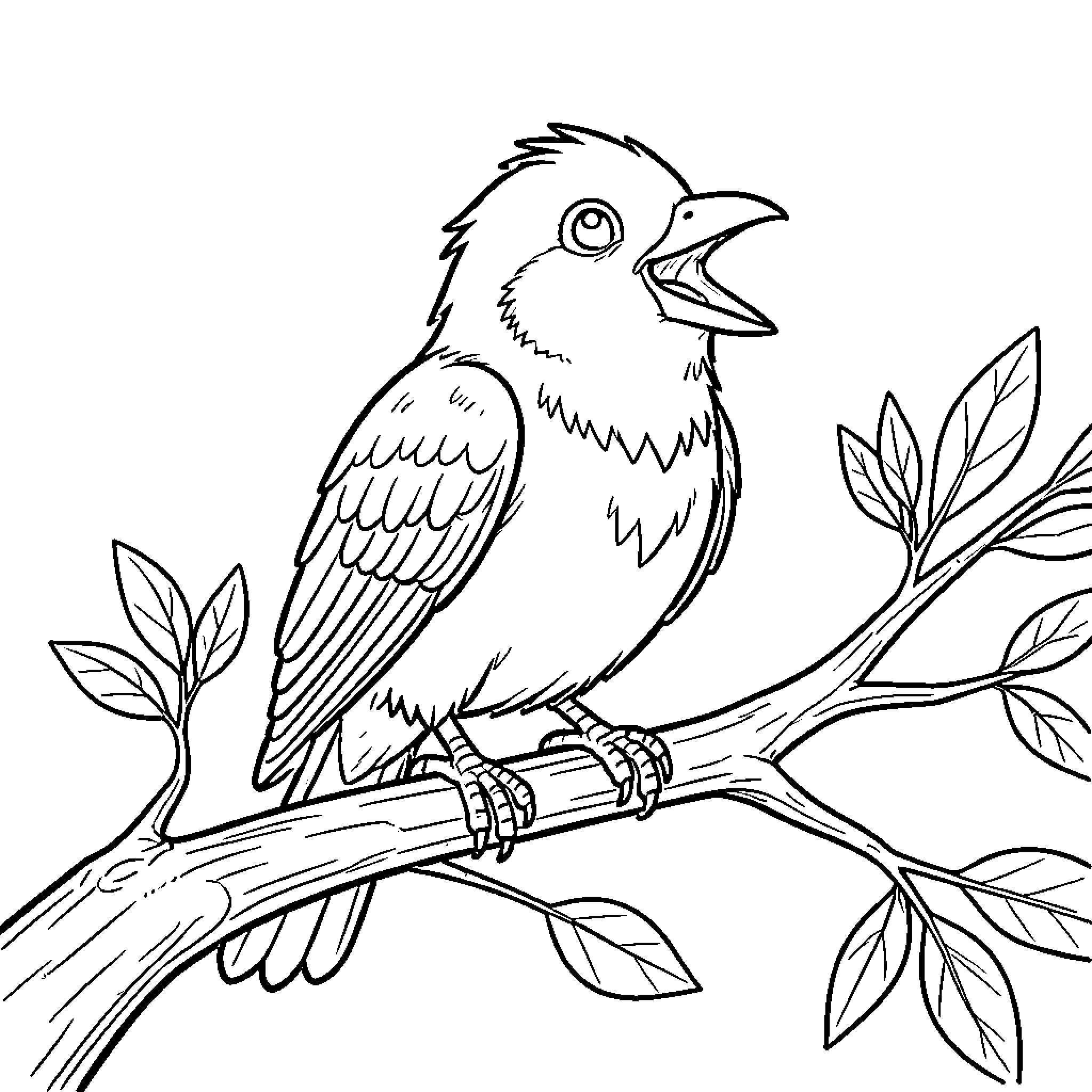 Parrot perched on a branch singing loudly Coloring Page (free black-and-white line drawing printable PDF for all, from beginners to advanced learners, including children, teens, adults, and seniors)