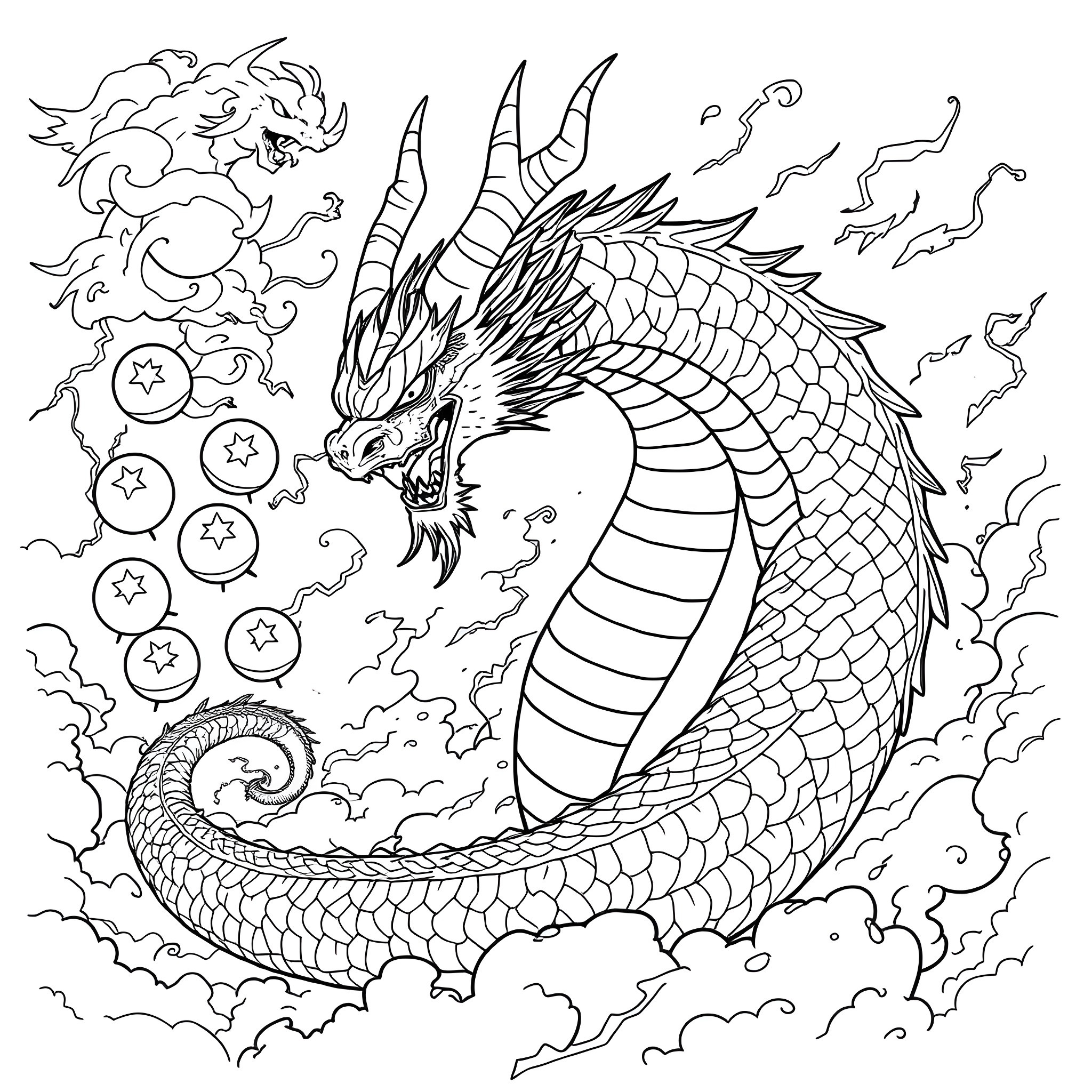 Shenron the Majestic Dragon Unleashing its Celestial Power Coloring Page (free black-and-white line drawing printable PDF for all, from beginners to advanced learners, including children, teens, adults, and seniors)