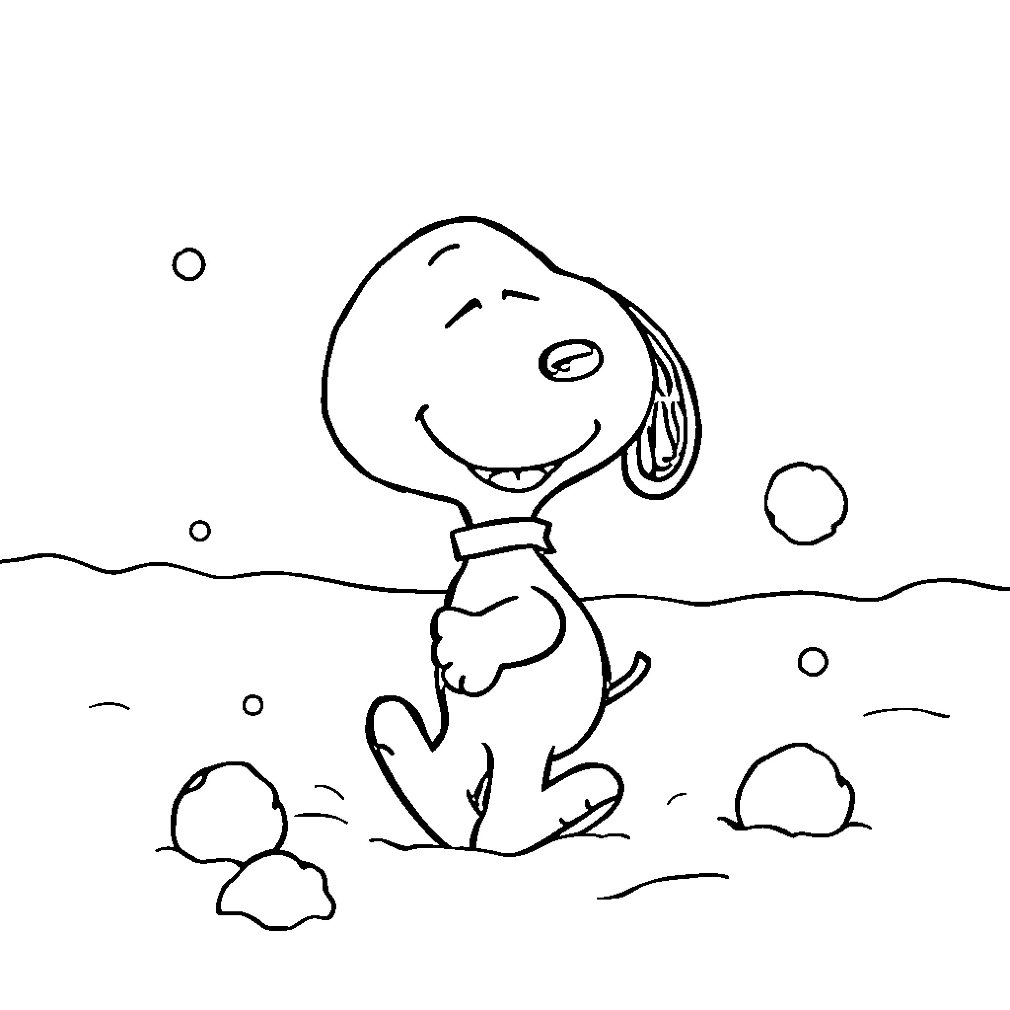 Snoopy playing in the snow with joy Coloring Page (free black-and-white line drawing printable PDF for all, from beginners to advanced learners, including children, teens, adults, and seniors)