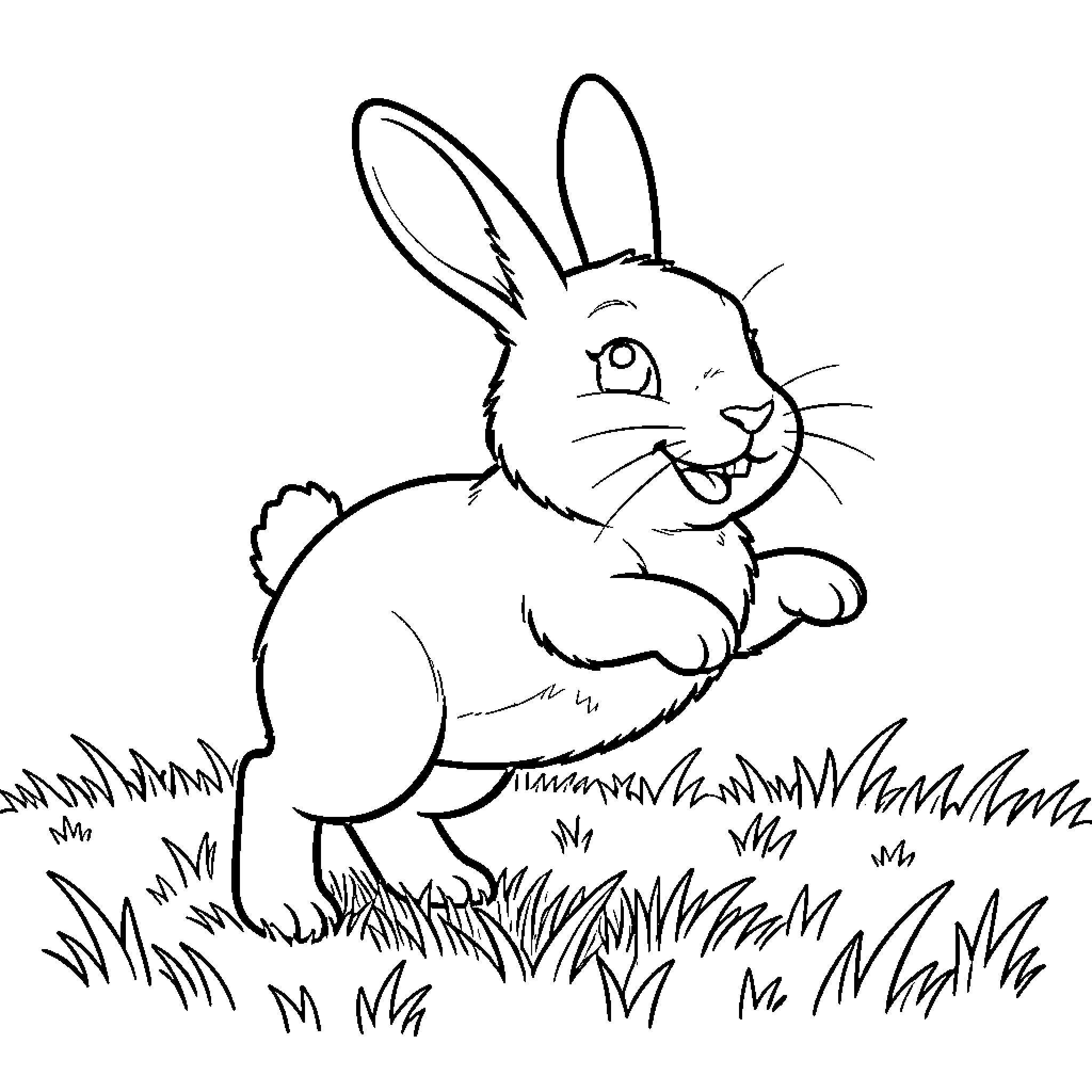 Bunny jumping joyfully through the green grass Coloring Page (free black-and-white line drawing printable PDF for all, from beginners to advanced learners, including children, teens, adults, and seniors)