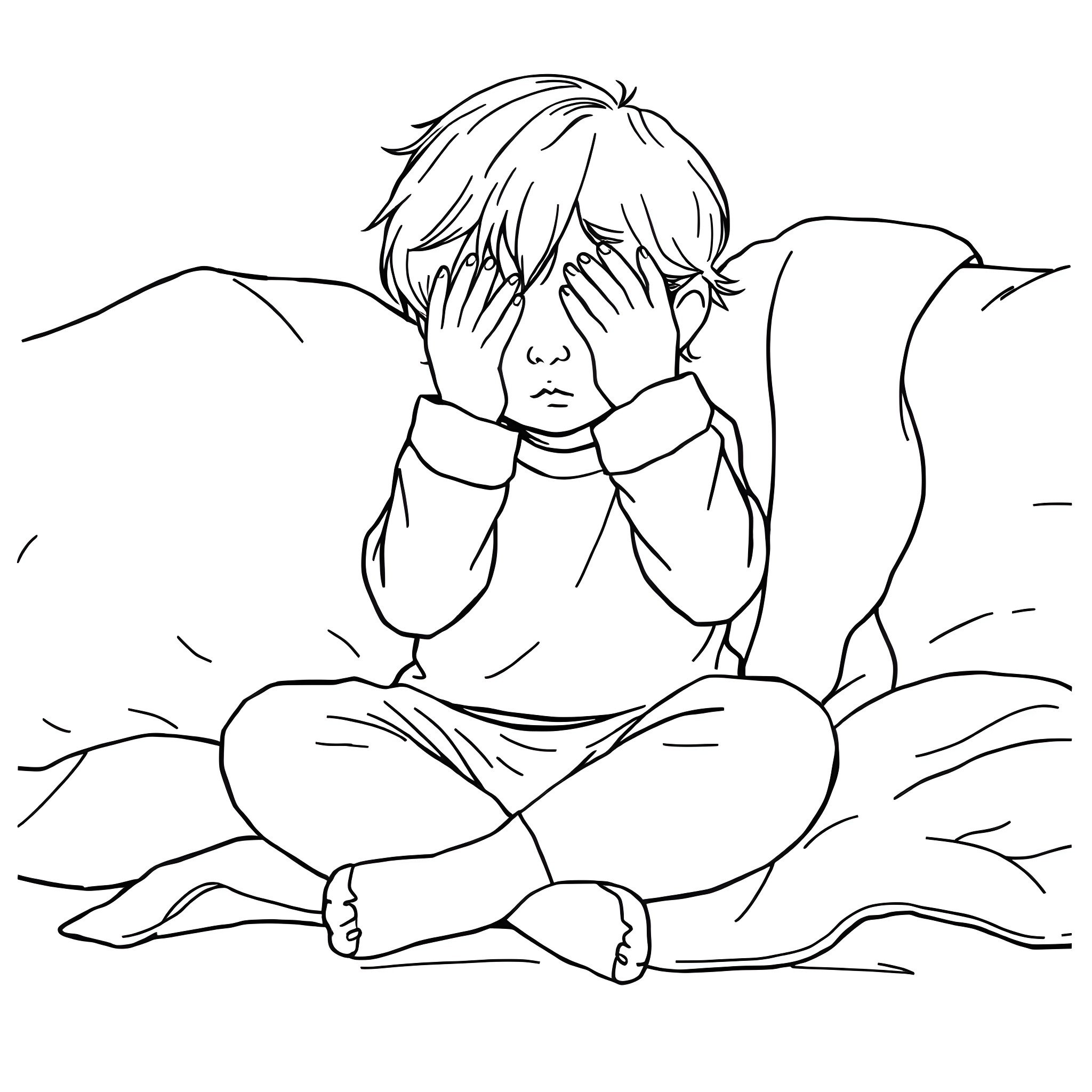 Hand covers boy's face in distress Coloring Page (free black-and-white line drawing printable PDF for all, from beginners to advanced learners, including children, teens, adults, and seniors)