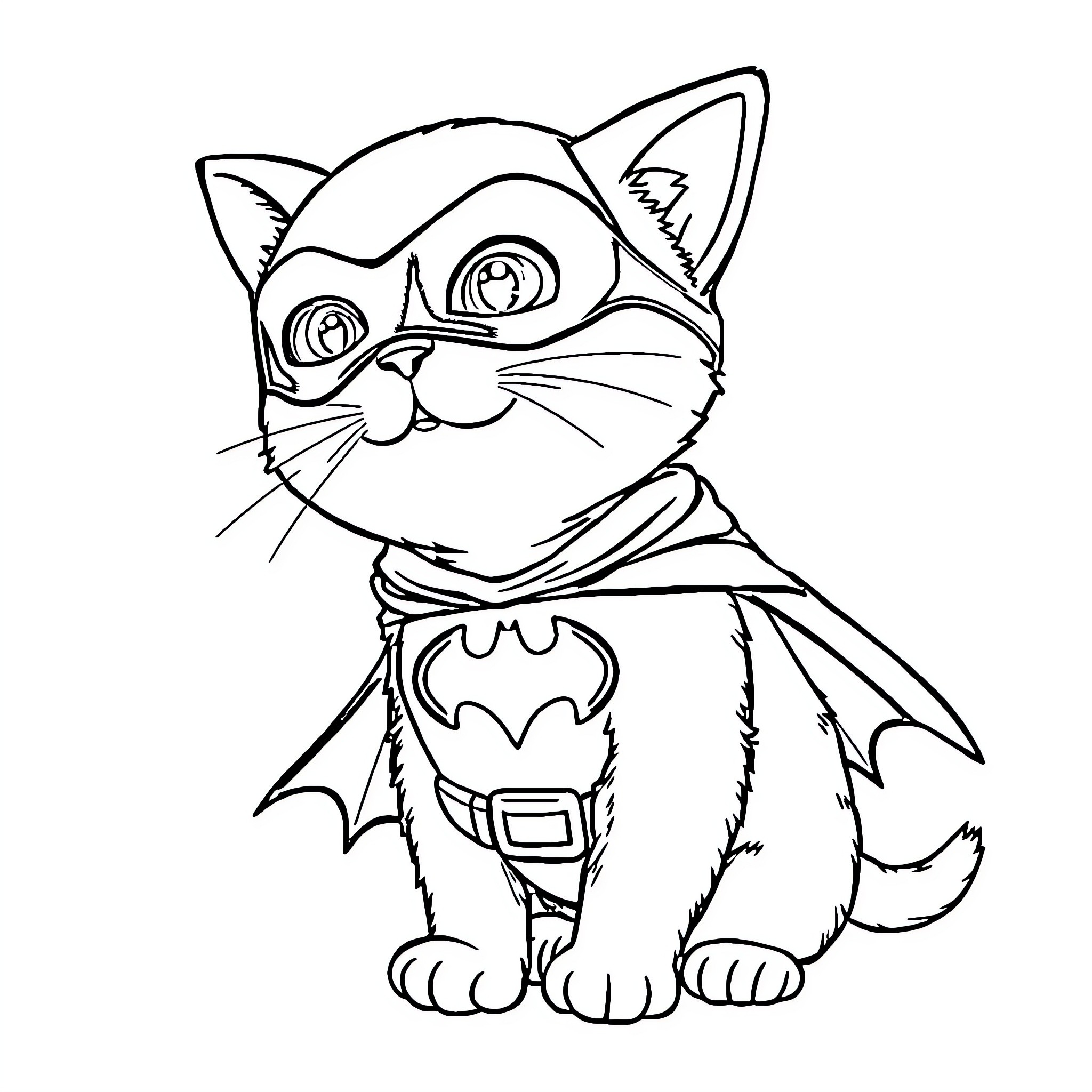 Cat superhero in costume Coloring Page (free black-and-white line drawing printable PDF for all, from beginners to advanced learners, including children, teens, adults, and seniors)
