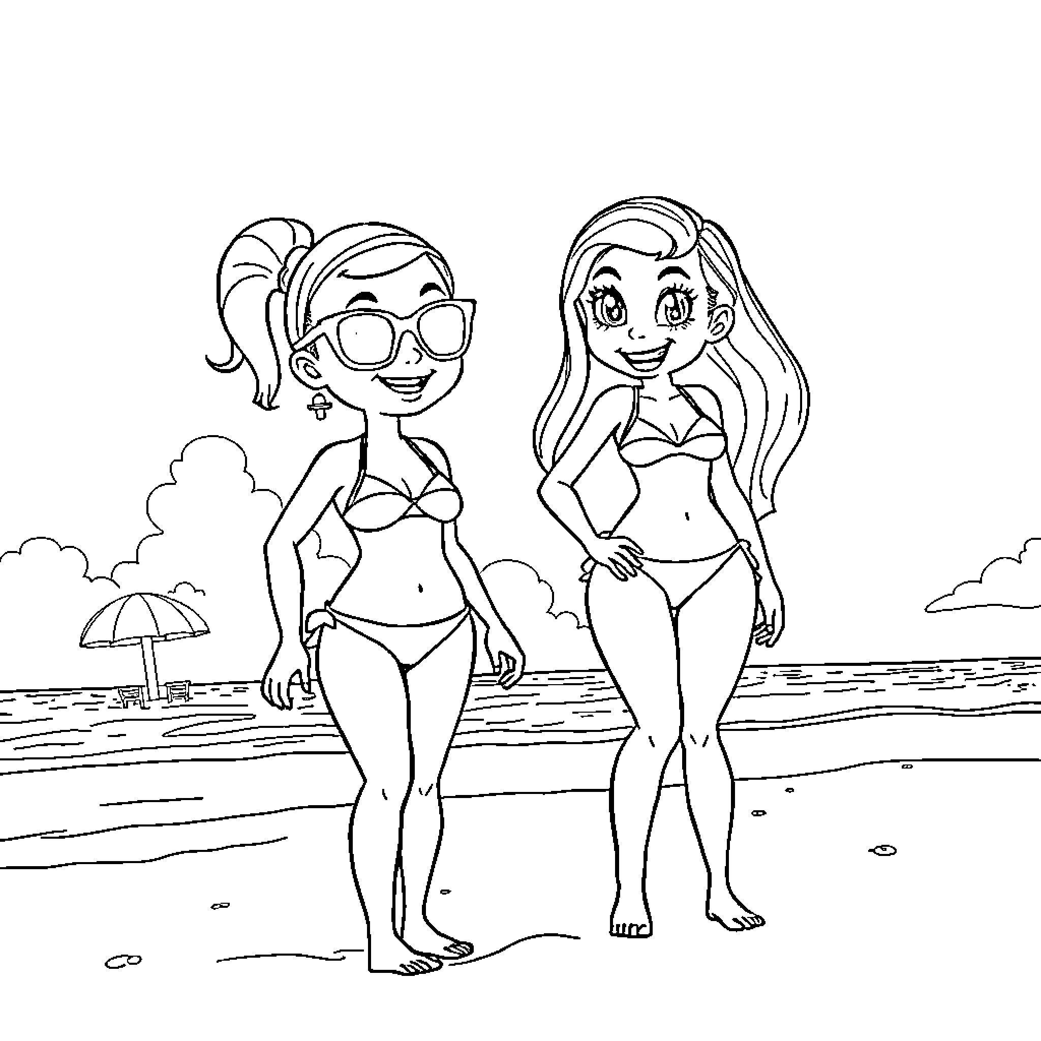 Labubu friends enjoy a sunny beach day Coloring Page (free black-and-white line drawing printable PDF for all, from beginners to advanced learners, including children, teens, adults, and seniors)