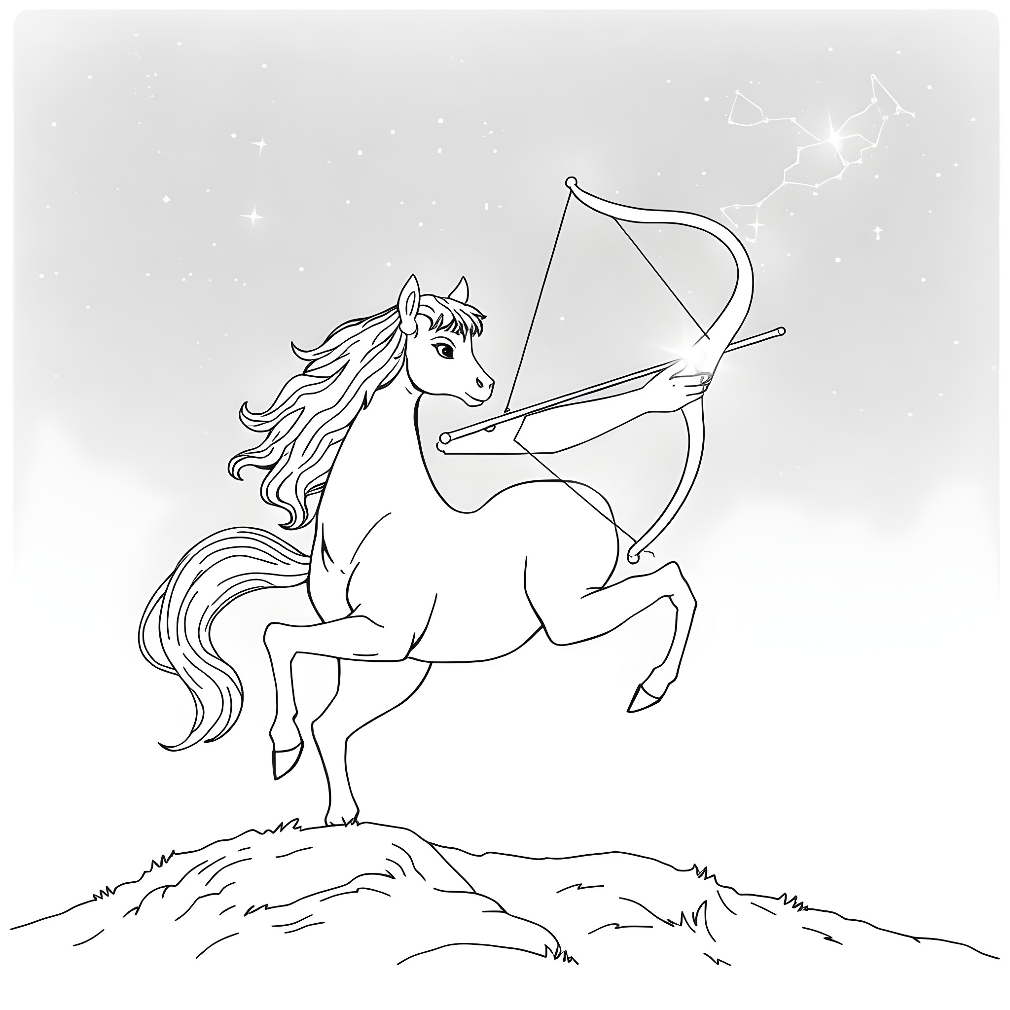 Sagittarius, the archer-horse shooting for the stars Coloring Page (free black-and-white line drawing printable PDF for all, from beginners to advanced learners, including children, teens, adults, and seniors)