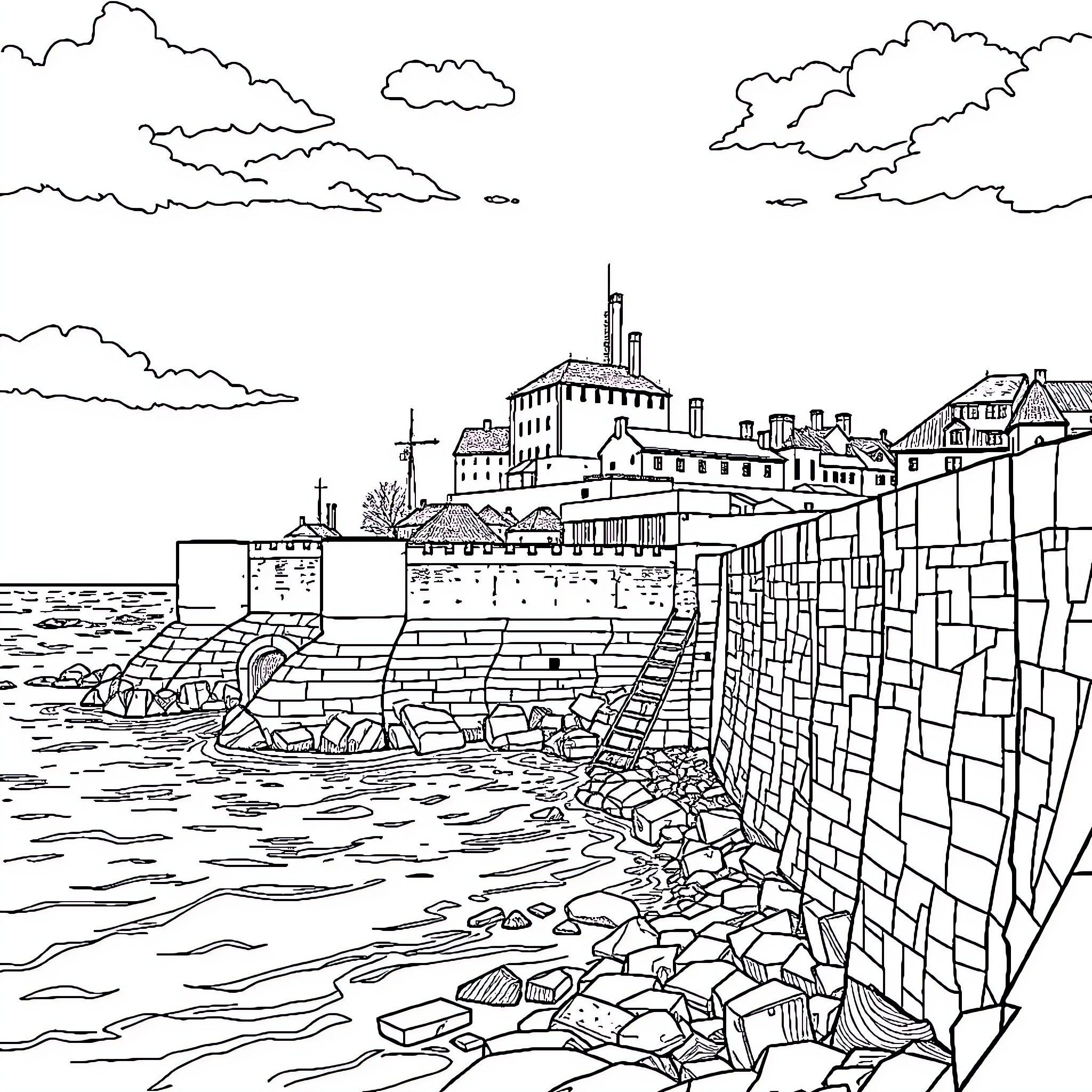 Saint-Malo coastal town with fortified walls and buildings Coloring Page (free black-and-white line drawing printable PDF for all, from beginners to advanced learners, including children, teens, adults, and seniors)