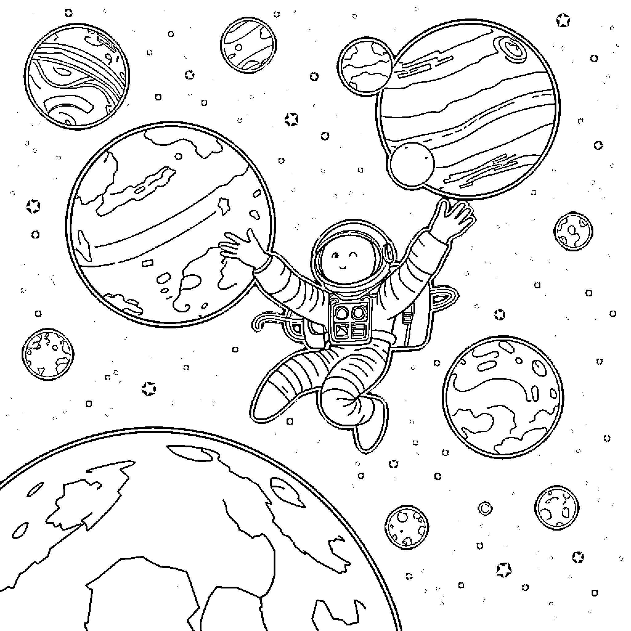 Astronaut floating amongst planets and stars Coloring Page (free black-and-white line drawing printable PDF for all, from beginners to advanced learners, including children, teens, adults, and seniors)