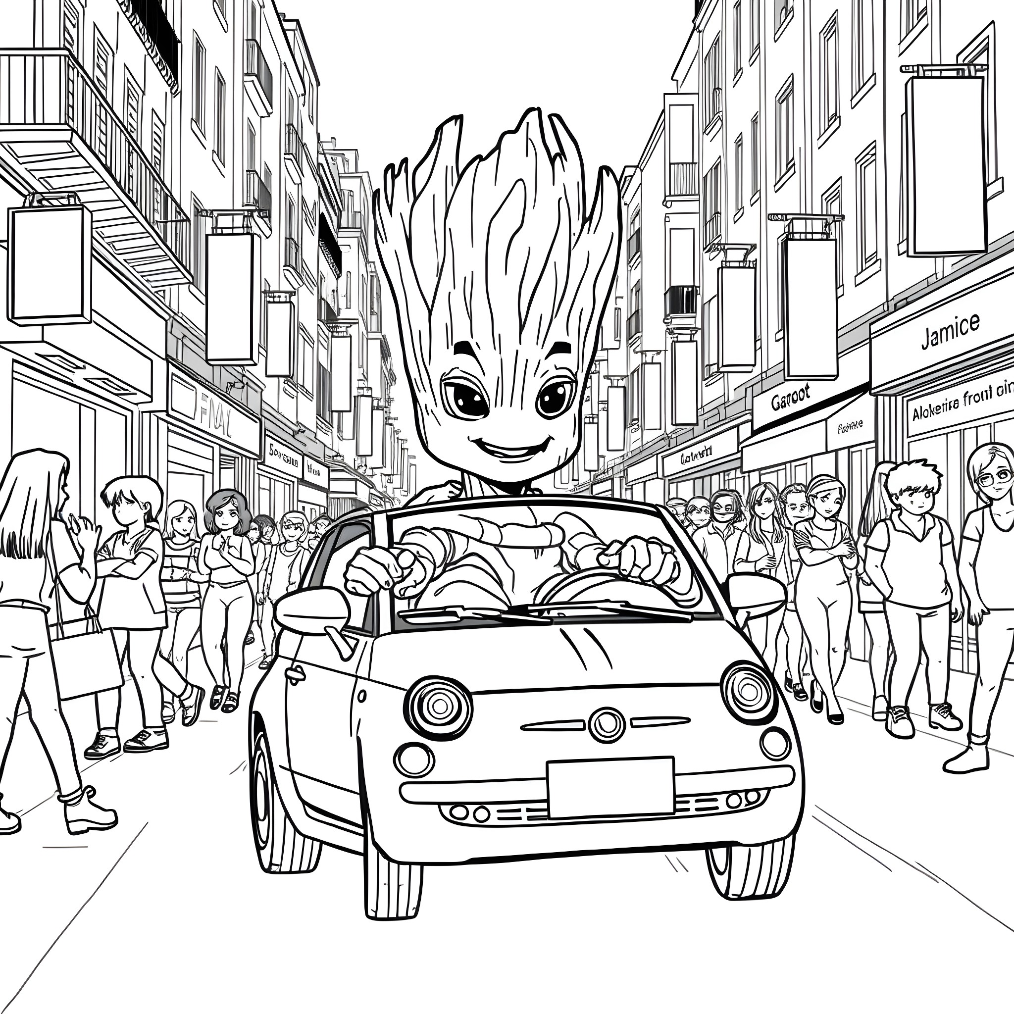 Groot drives a car through a busy city street Coloring Page (free black-and-white line drawing printable PDF for all, from beginners to advanced learners, including children, teens, adults, and seniors)