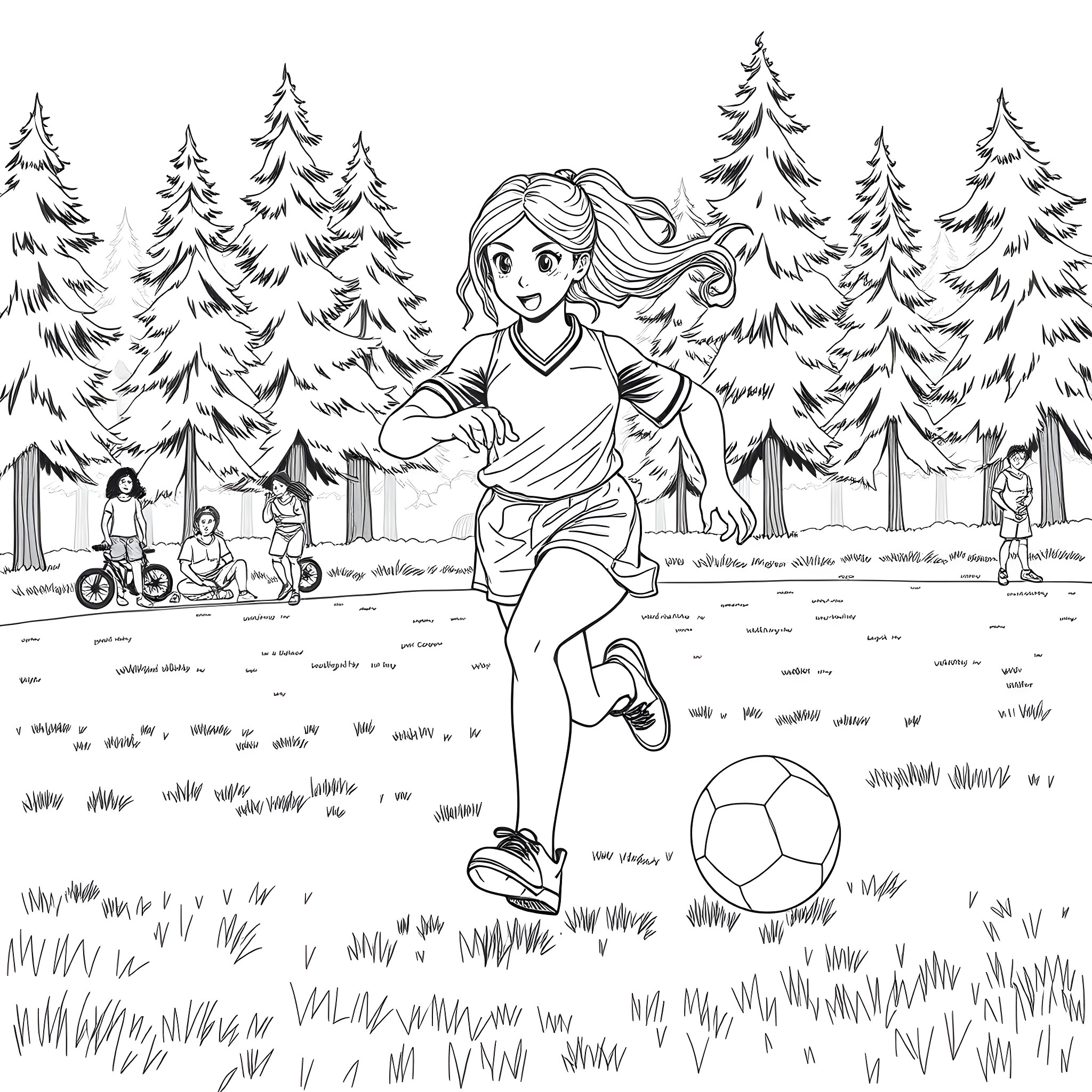 Girl playing soccer in the forest Coloring Page (free black-and-white line drawing printable PDF for all, from beginners to advanced learners, including children, teens, adults, and seniors)