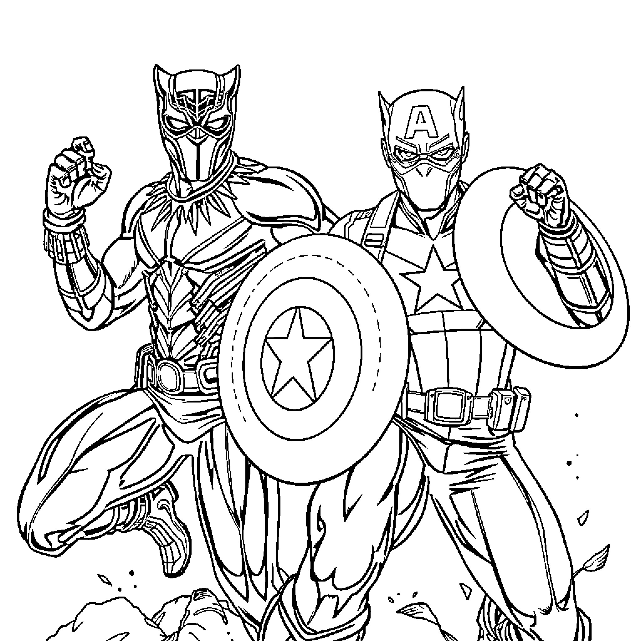 Black Panther and Captain America in action poses Coloring Page (free black-and-white line drawing printable PDF for all, from beginners to advanced learners, including children, teens, adults, and seniors)