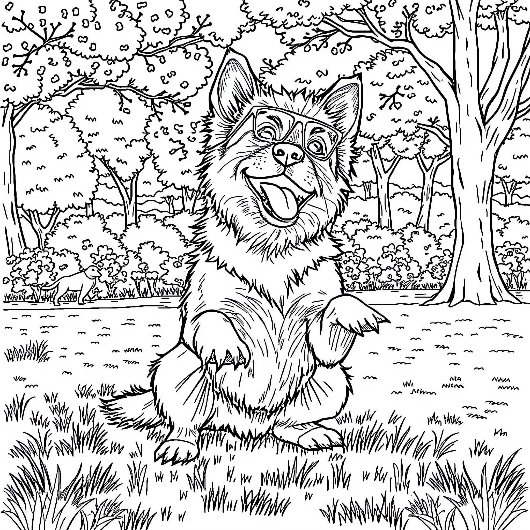 Dog Sitting Happily in Lush Forest Coloring Page (free black-and-white line drawing printable PDF for all, from beginners to advanced learners, including children, teens, adults, and seniors)