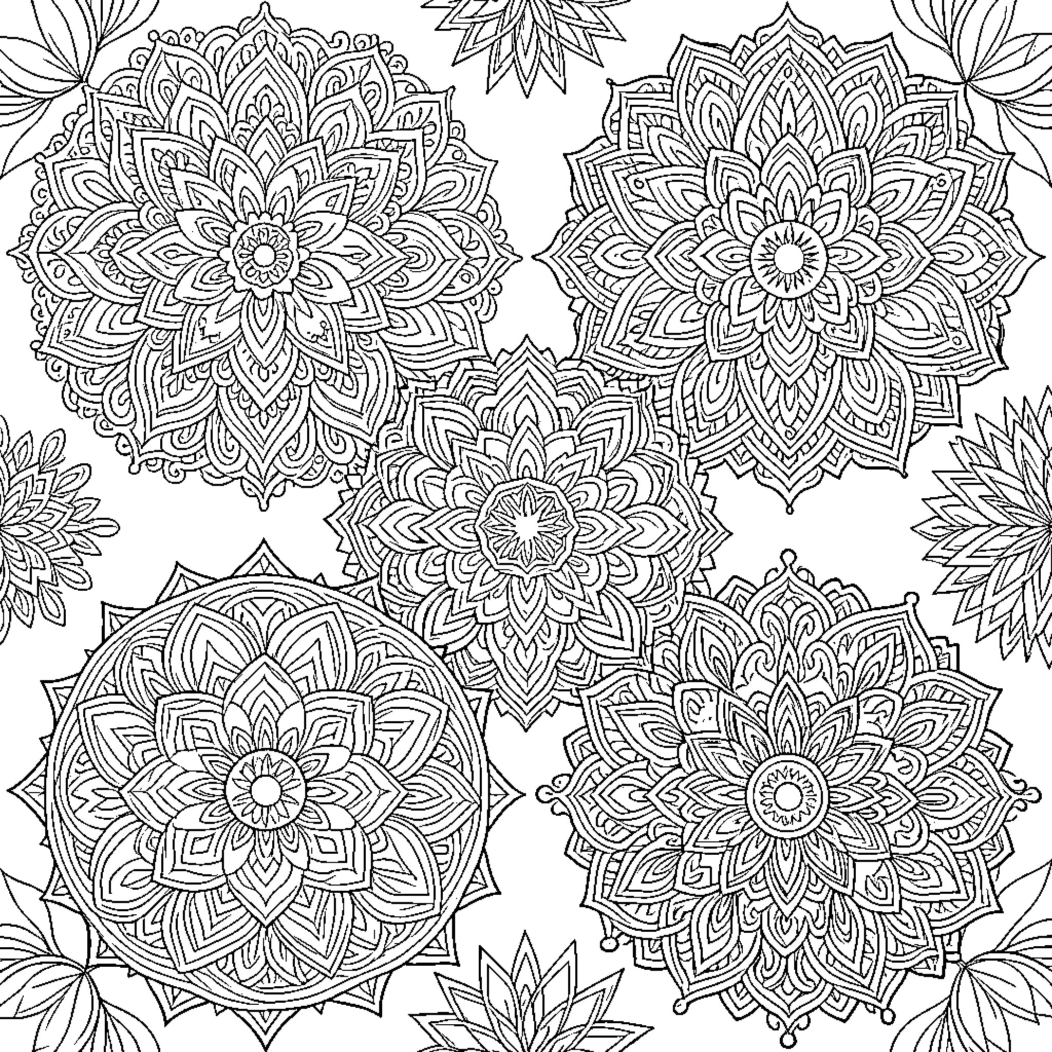Mandalas of intricate floral designs Coloring Page (free black-and-white line drawing printable PDF for all, from beginners to advanced learners, including children, teens, adults, and seniors)