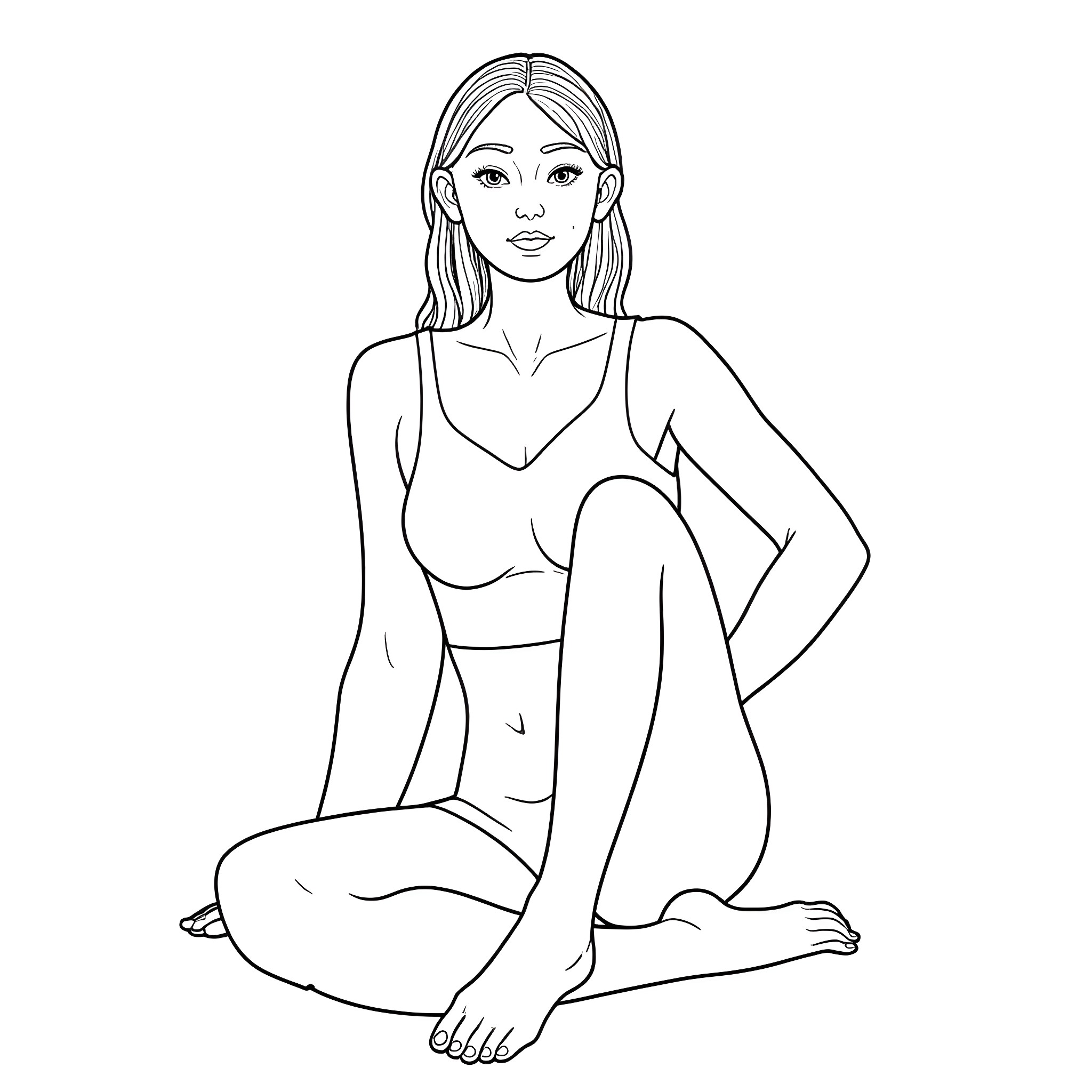 Woman in thoughtful meditation pose Coloring Page (free black-and-white line drawing printable PDF for all, from beginners to advanced learners, including children, teens, adults, and seniors)