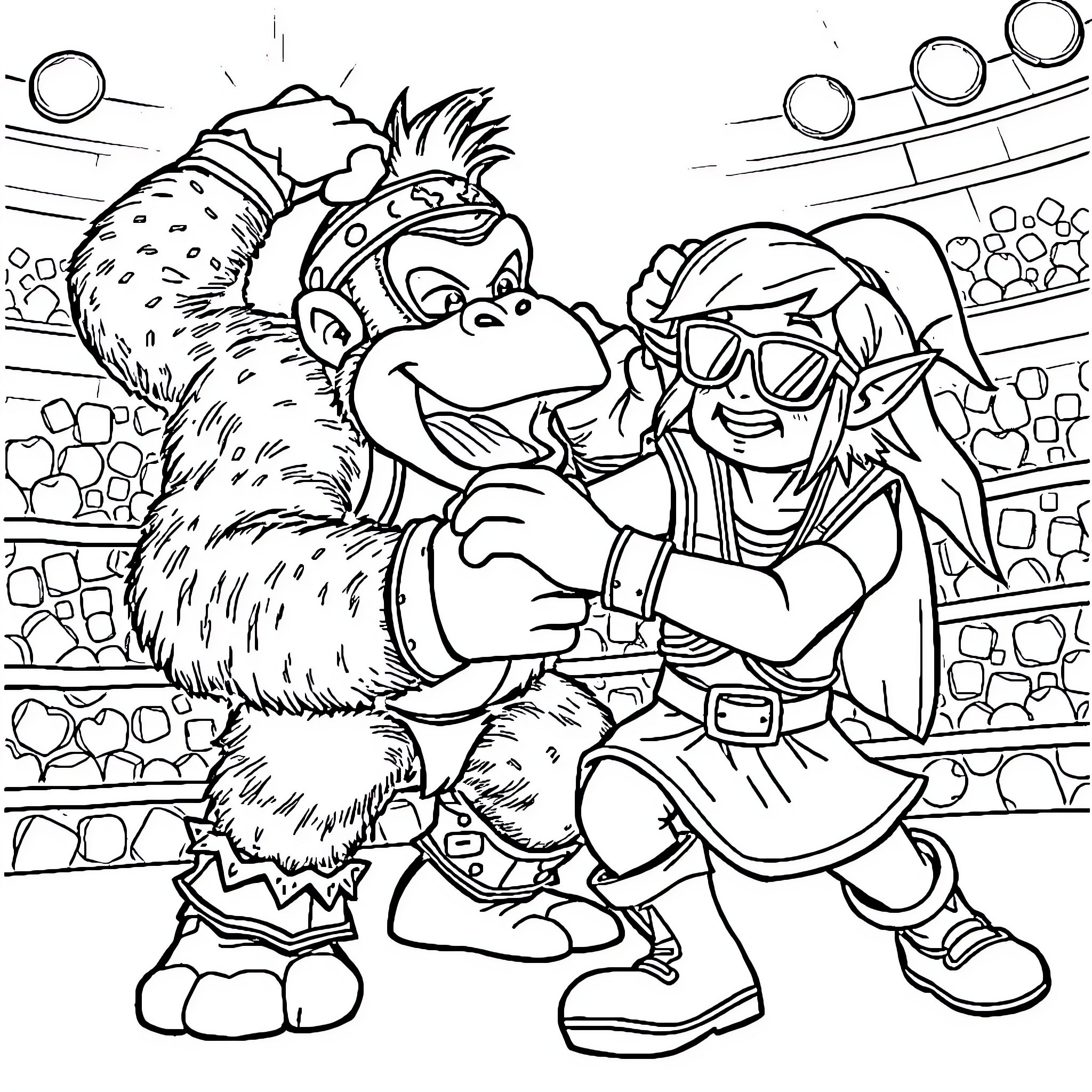 Donkey Kong and Dixie Kong in action Coloring Page (free black-and-white line drawing printable PDF for all, from beginners to advanced learners, including children, teens, adults, and seniors)