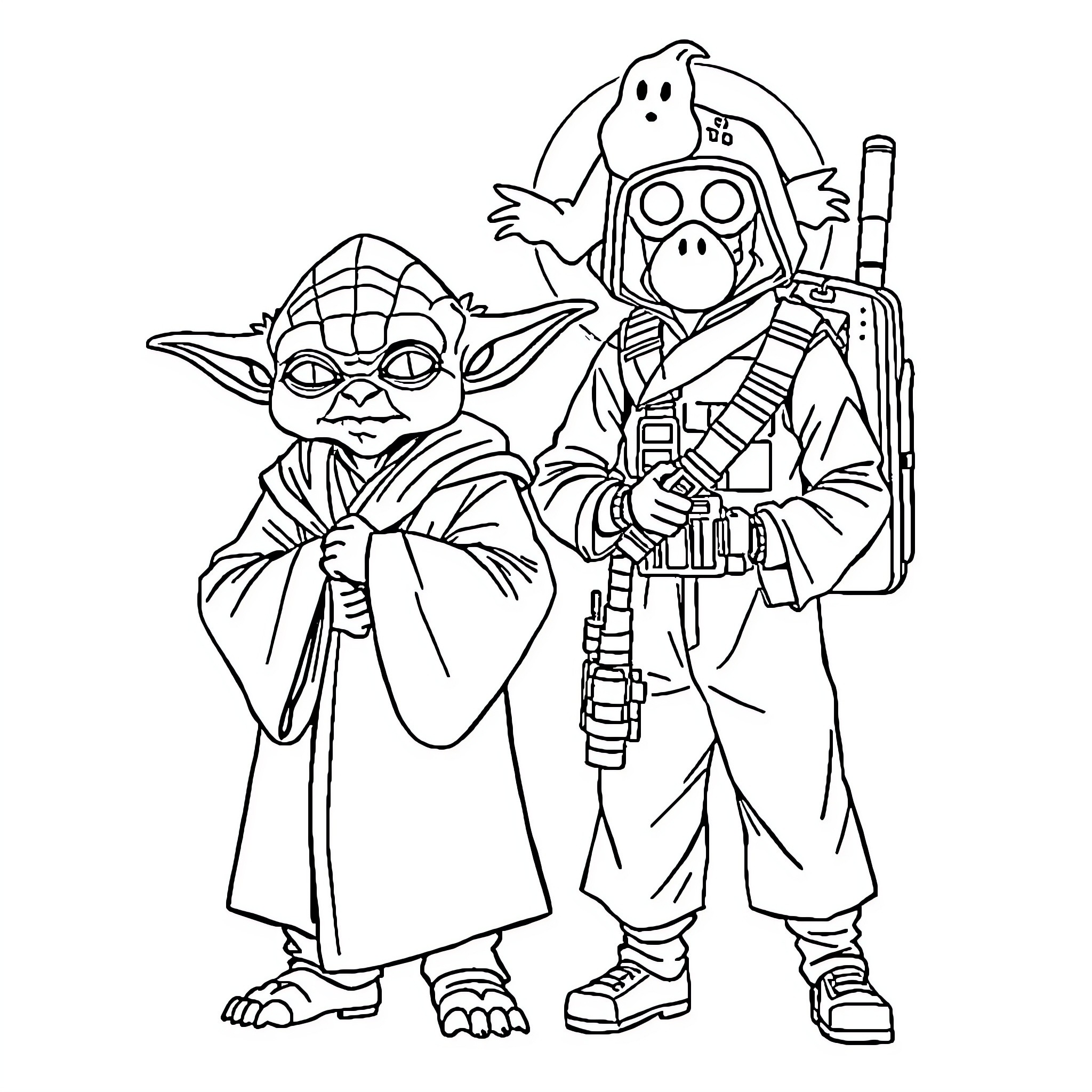 Yoda and Darth Vader in Costume Coloring Page (free black-and-white line drawing printable PDF for all, from beginners to advanced learners, including children, teens, adults, and seniors)