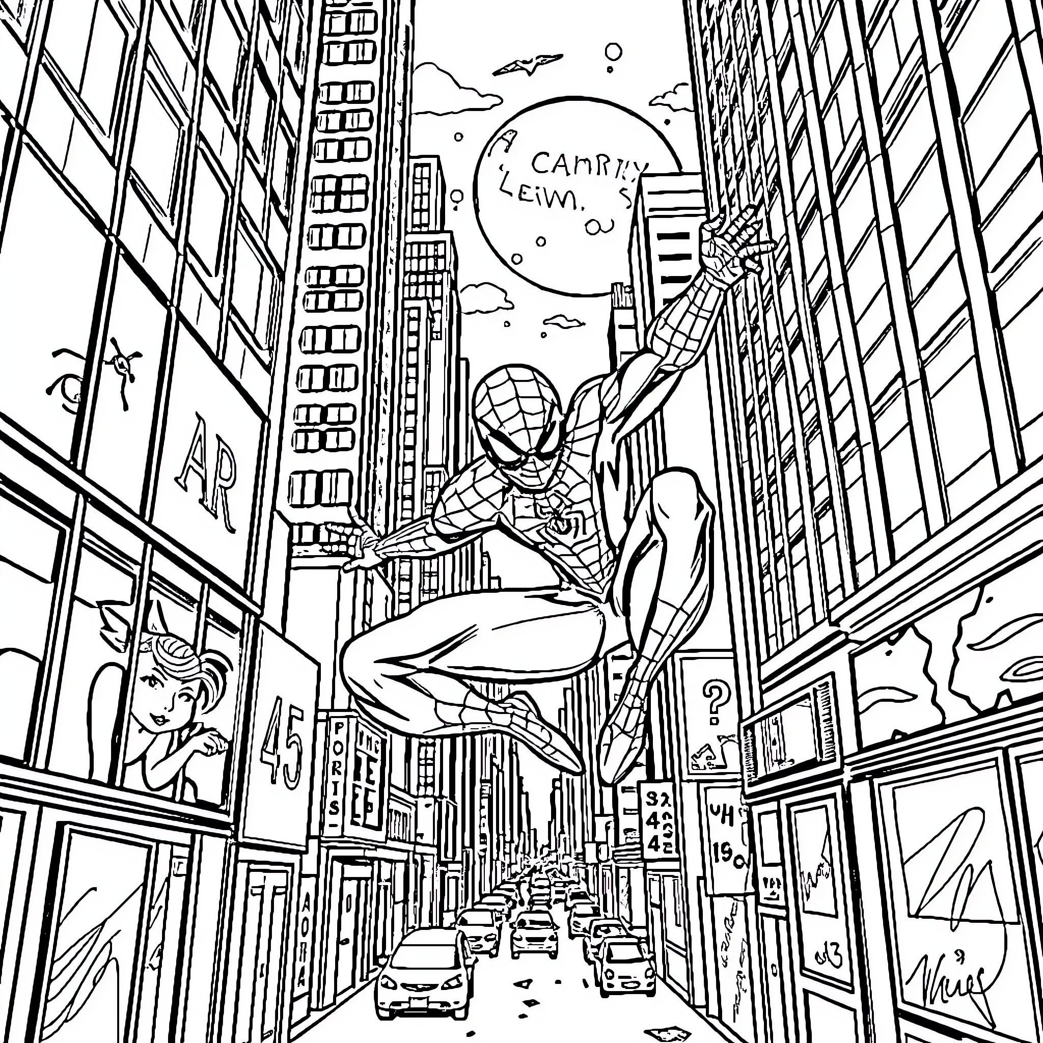 Spiderman swinging through the bustling city streets Coloring Page (free black-and-white line drawing printable PDF for all, from beginners to advanced learners, including children, teens, adults, and seniors)