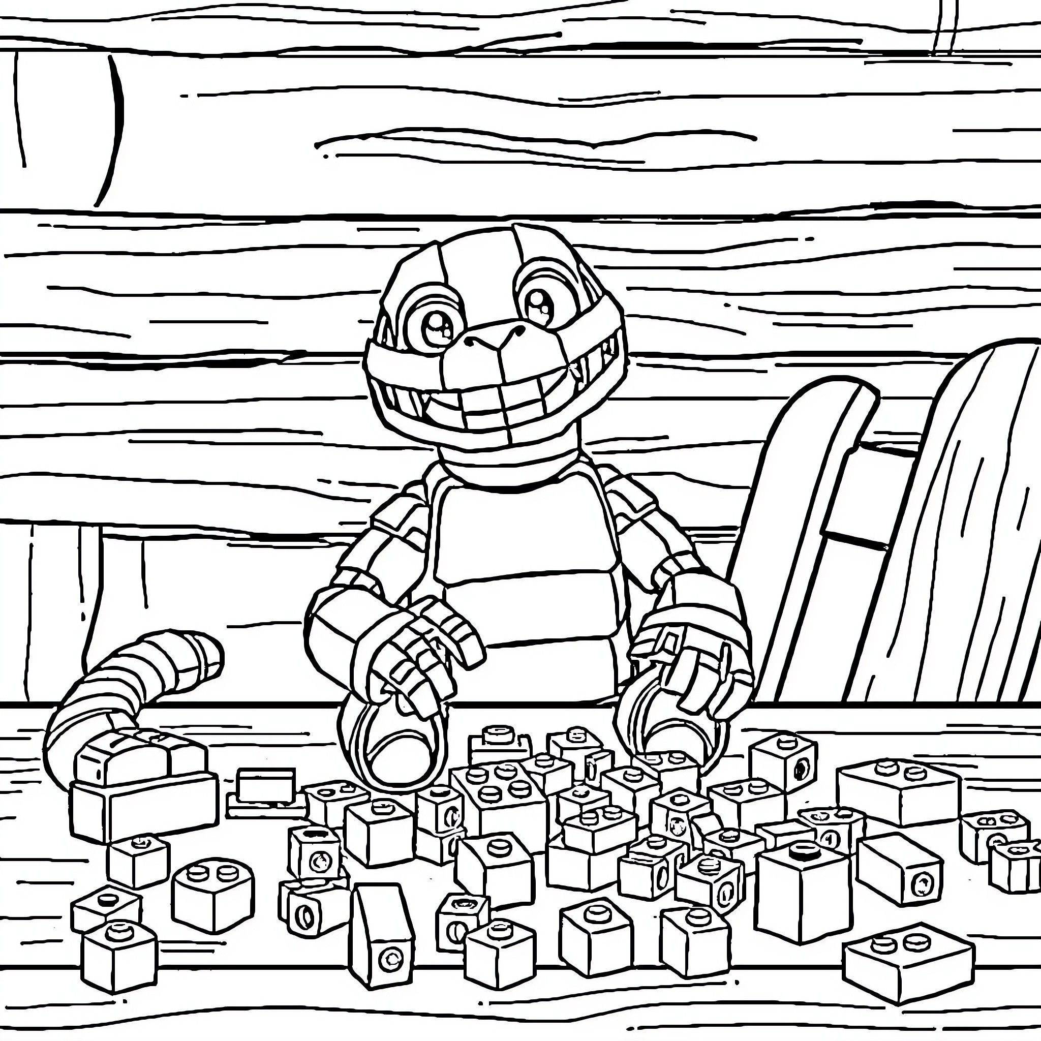 Springtrap's Playful Escapades with Toy Blocks Coloring Page (free black-and-white line drawing printable PDF for all, from beginners to advanced learners, including children, teens, adults, and seniors)