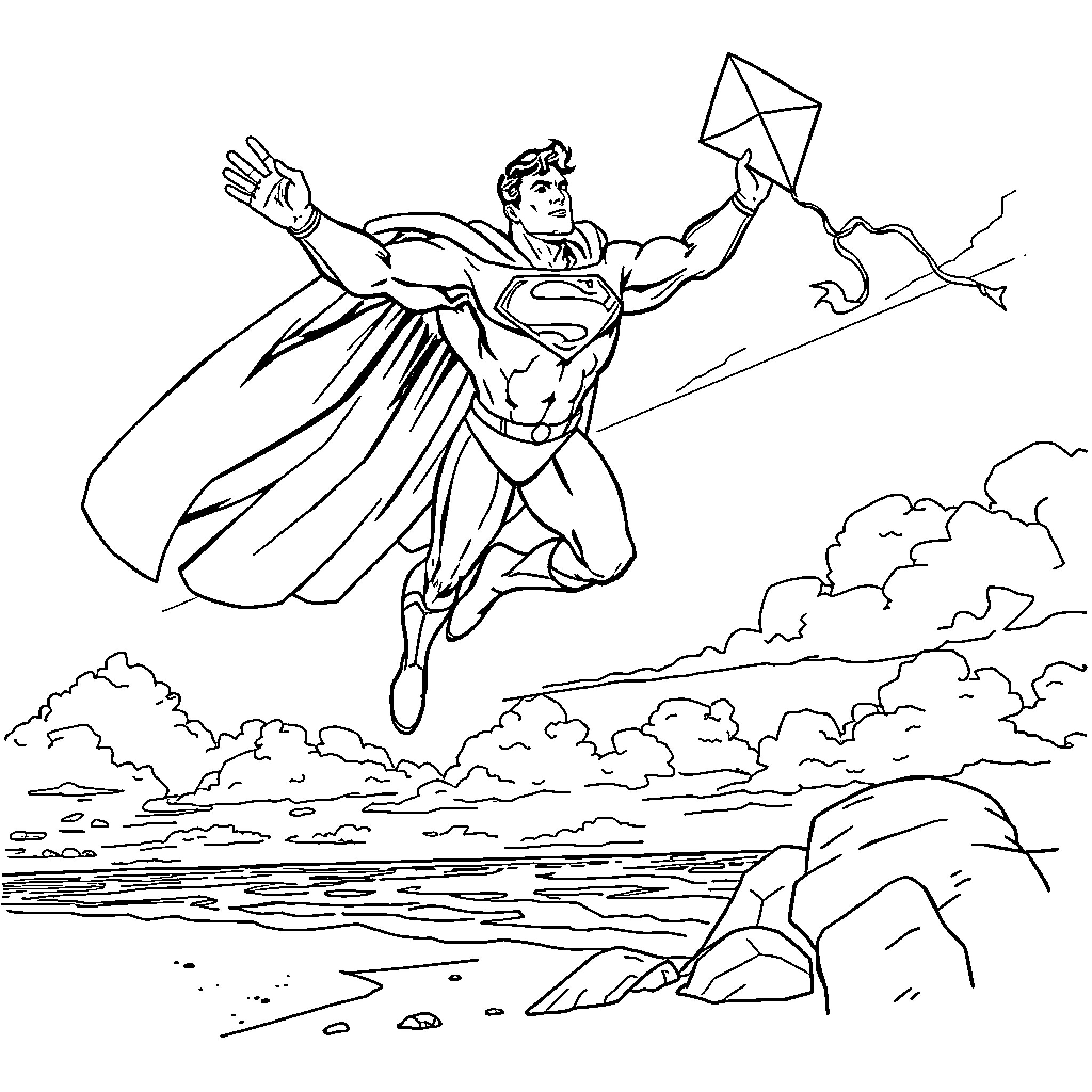 Superman soaring through the sky with a kite Coloring Page (free black-and-white line drawing printable PDF for all, from beginners to advanced learners, including children, teens, adults, and seniors)
