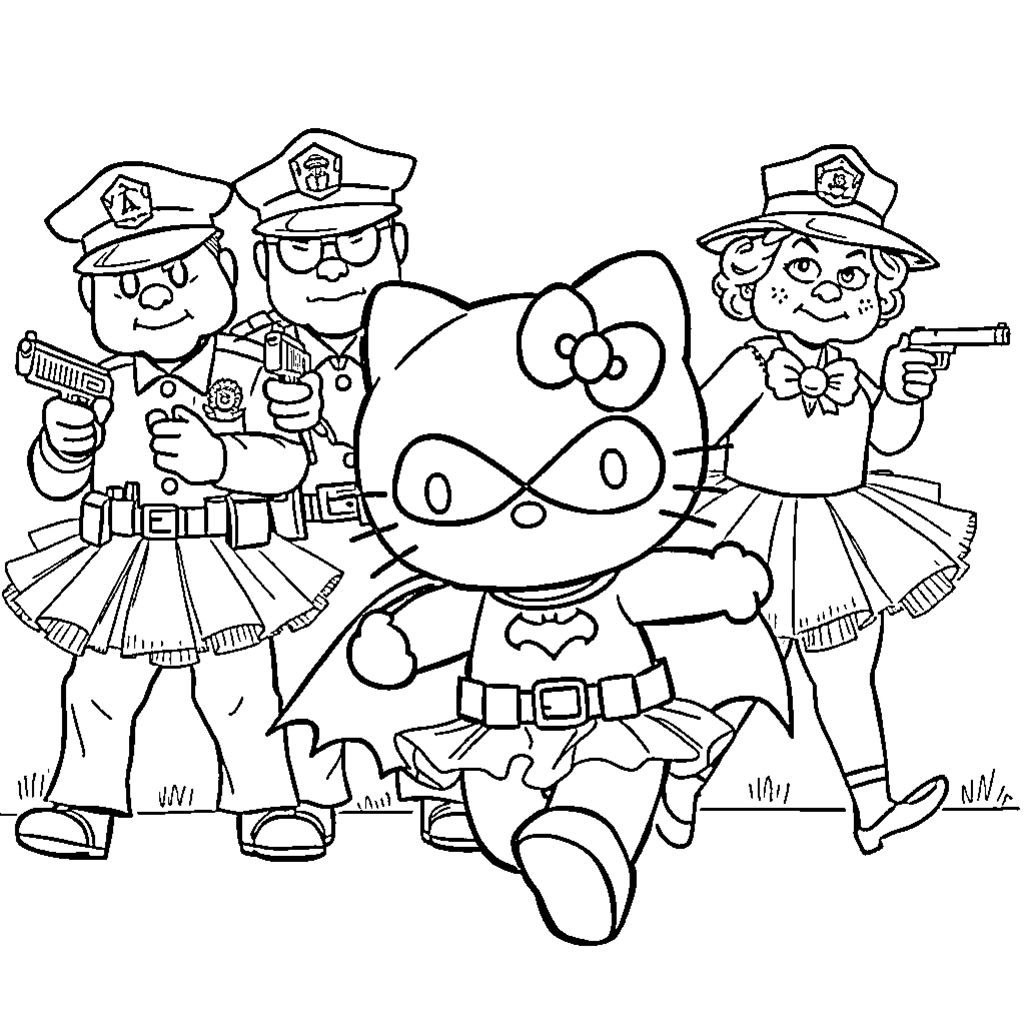 Hello Kitty Plays Cop with Police Friends Coloring Page (free black-and-white line drawing printable PDF for all, from beginners to advanced learners, including children, teens, adults, and seniors)