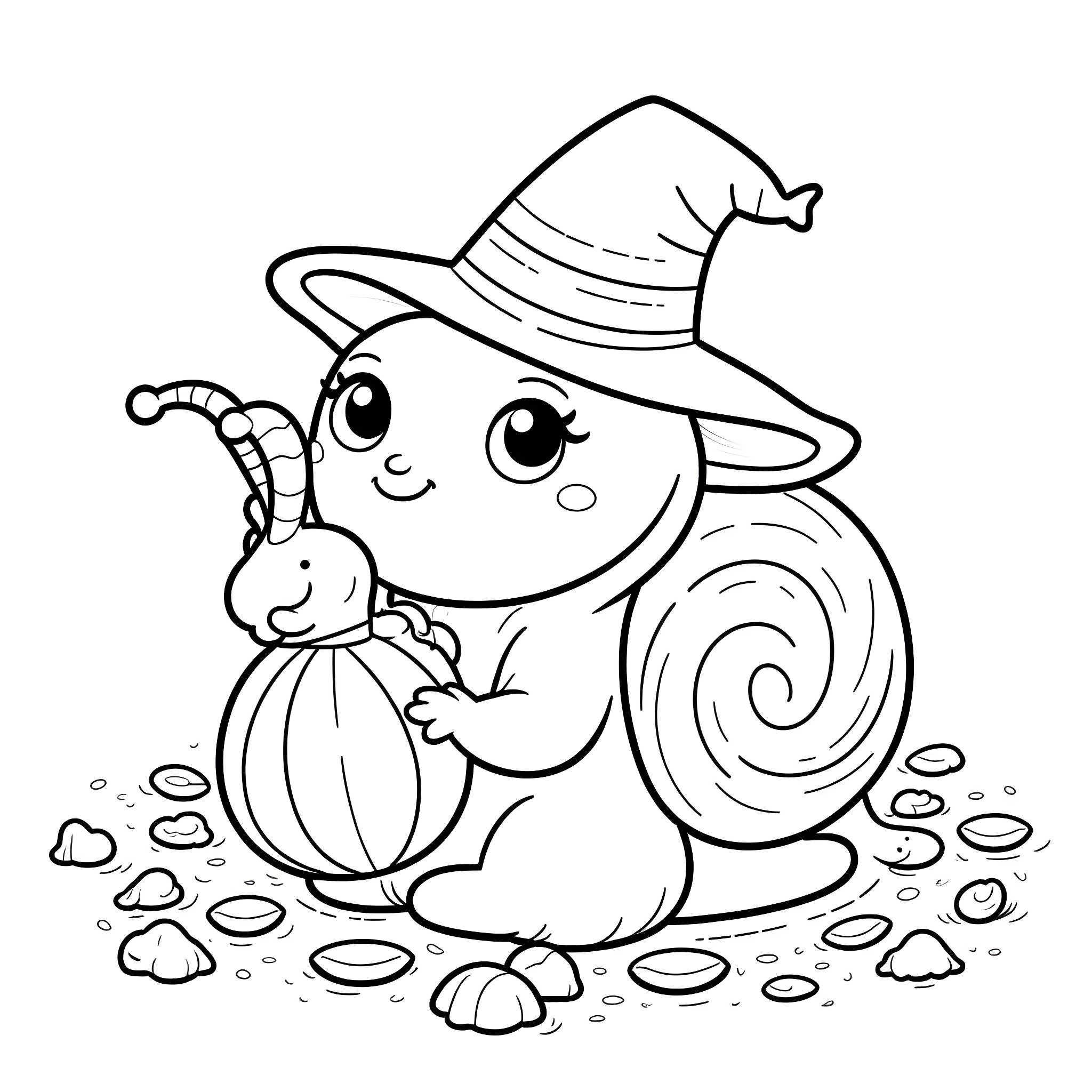 Snail wearing a witch hat and holding a pumpkin Coloring Page (free black-and-white line drawing printable PDF for all, from beginners to advanced learners, including children, teens, adults, and seniors)