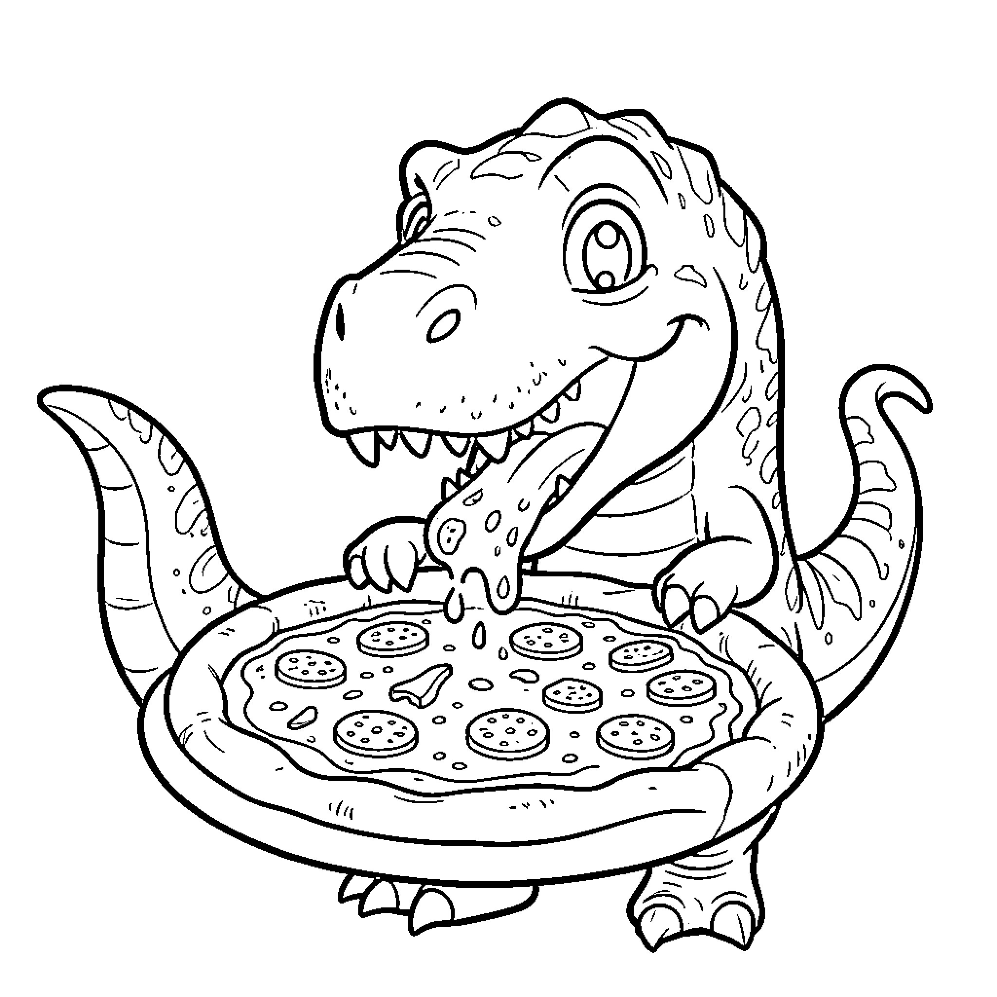 Dinosaur happily eating a large pepperoni pizza Coloring Page (free black-and-white line drawing printable PDF for all, from beginners to advanced learners, including children, teens, adults, and seniors)