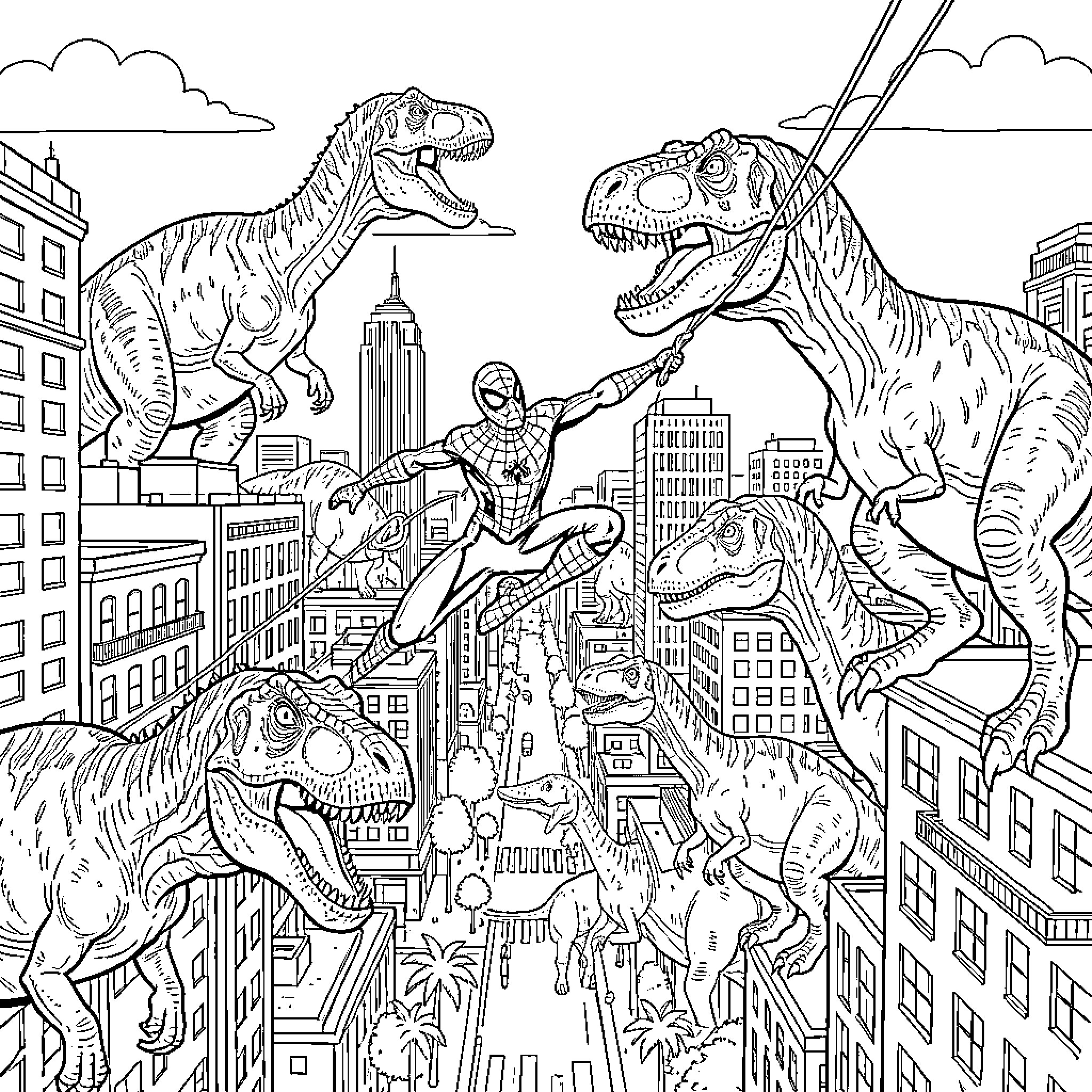 Spiderman swinging through a city filled with dinosaurs Coloring Page (free black-and-white line drawing printable PDF for all, from beginners to advanced learners, including children, teens, adults, and seniors)
