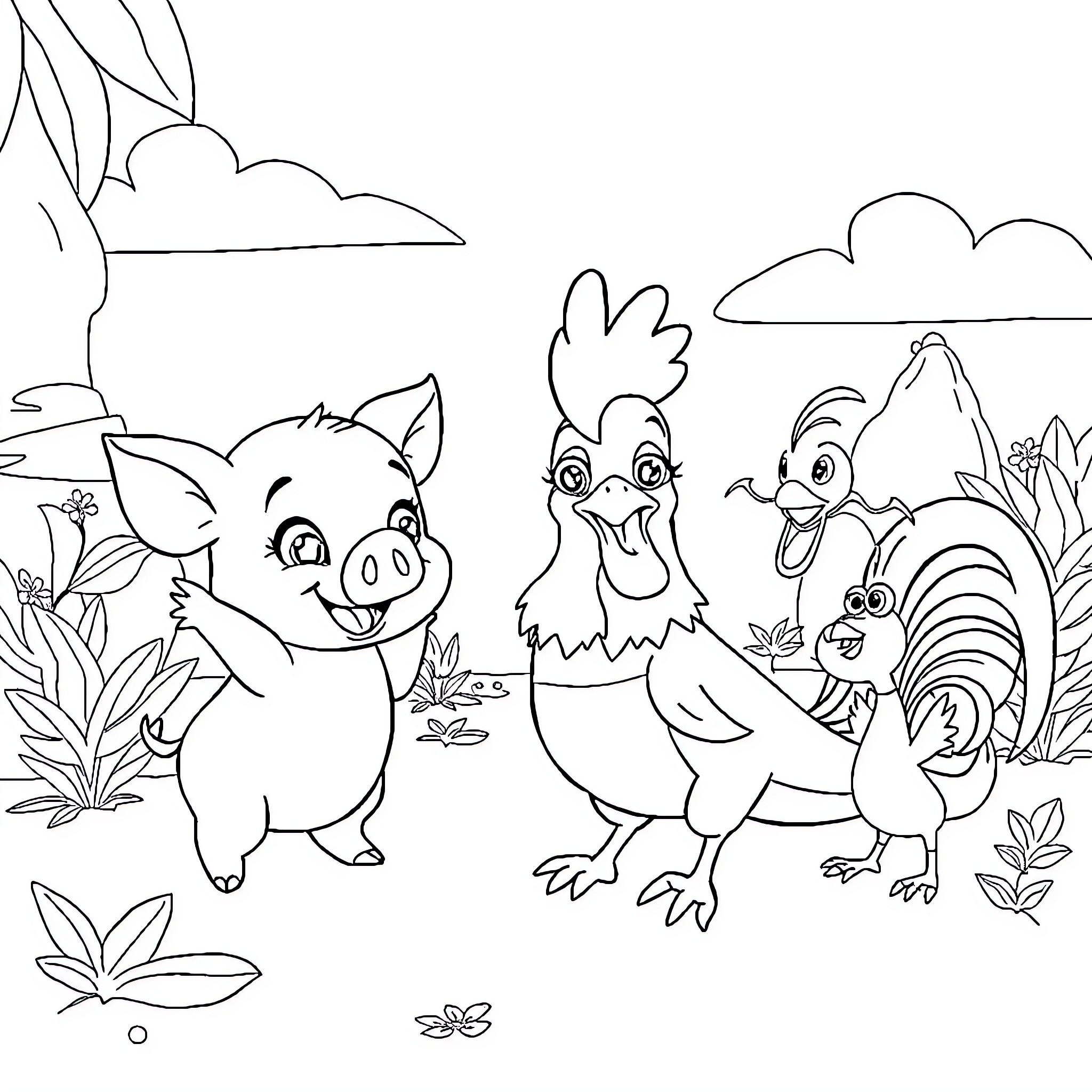 Pua's Farmyard Friends Frolic Coloring Page (free black-and-white line drawing printable PDF for all, from beginners to advanced learners, including children, teens, adults, and seniors)