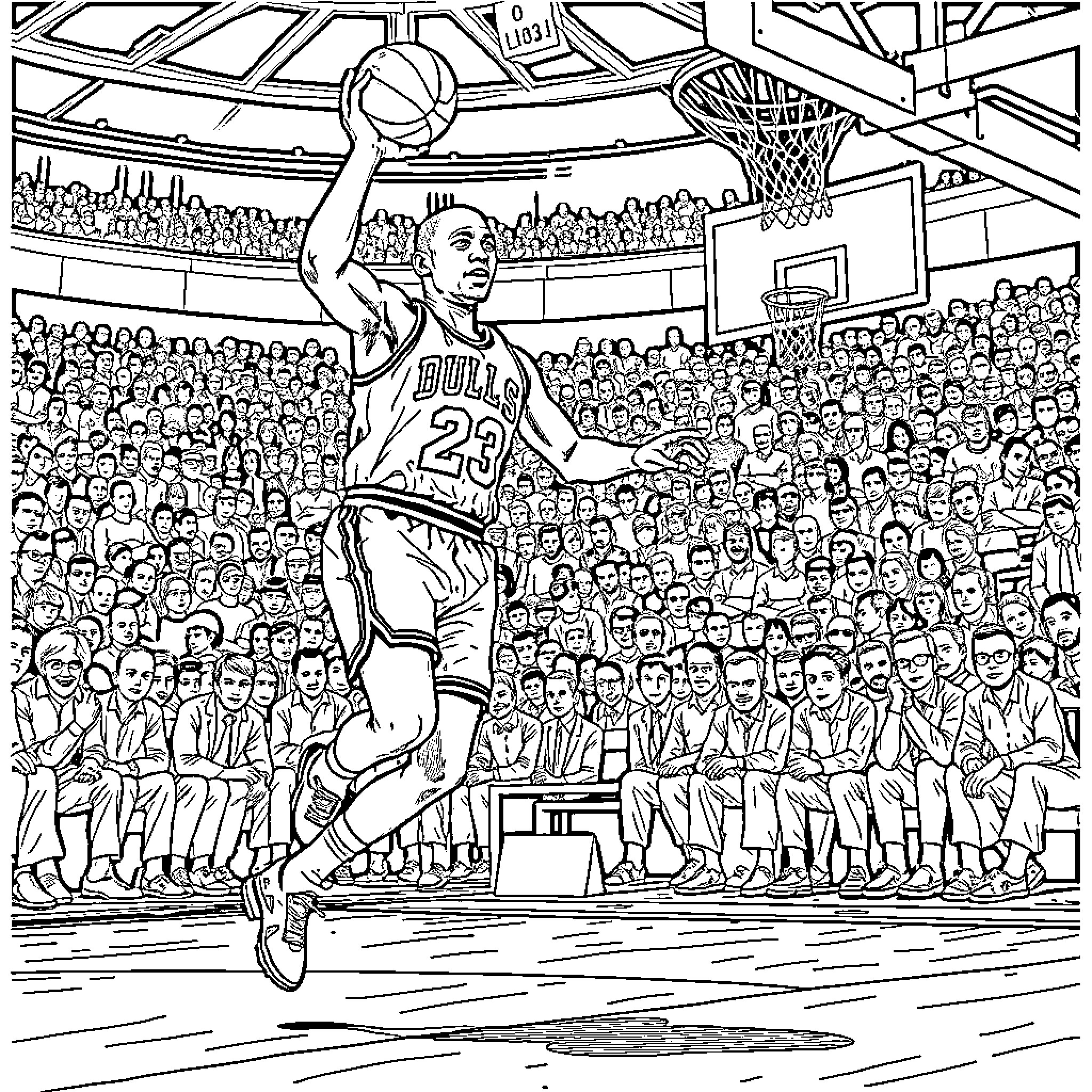 Michael Jordan's Iconic Basketball Slam Dunk in Arena Coloring Page (free black-and-white line drawing printable PDF for all, from beginners to advanced learners, including children, teens, adults, and seniors)