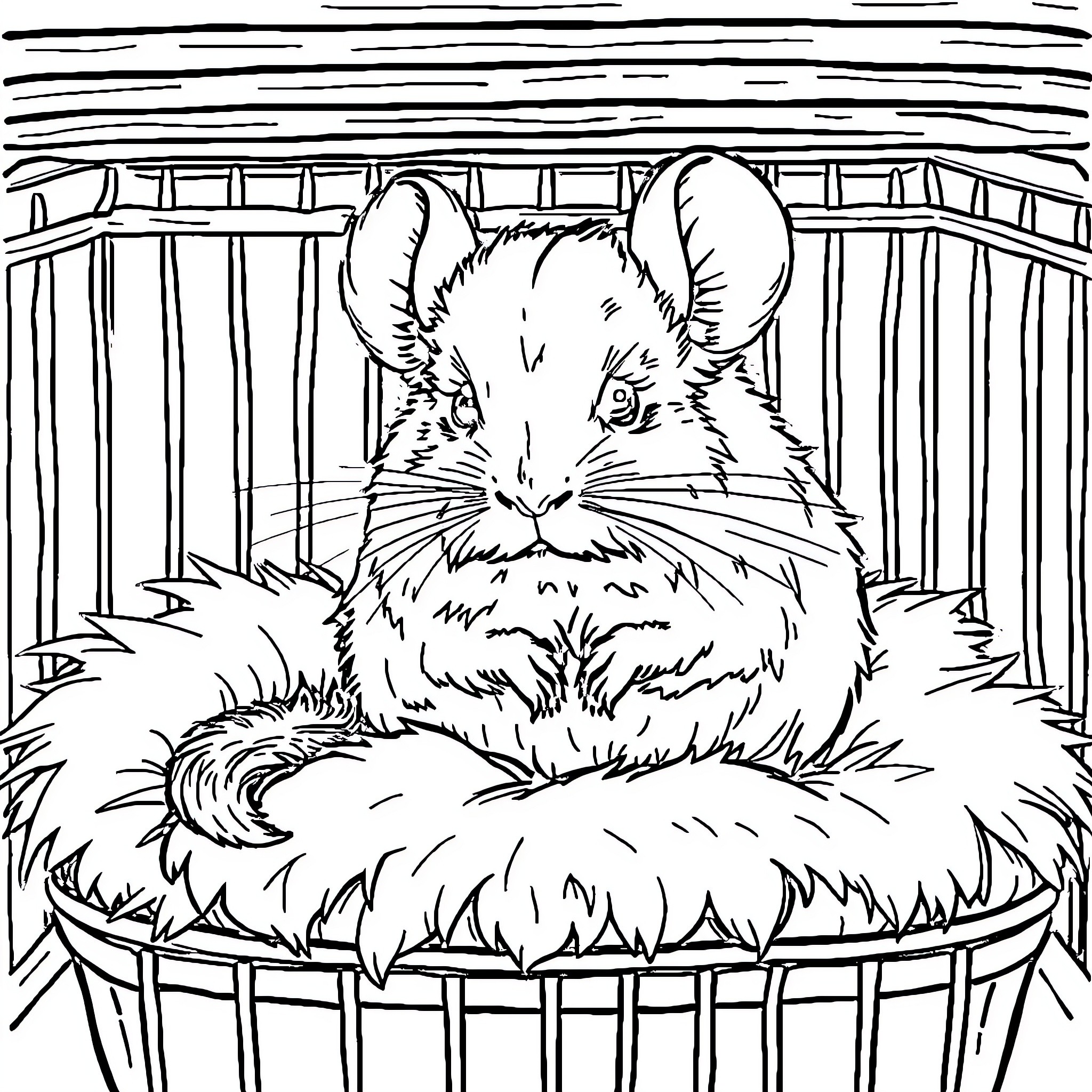 Chinchilla in a cozy cage Coloring Page (free black-and-white line drawing printable PDF for all, from beginners to advanced learners, including children, teens, adults, and seniors)