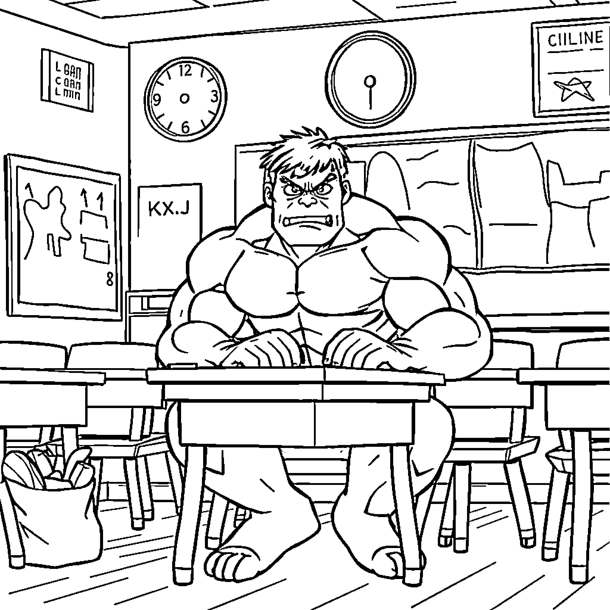 Hulk Smashing Desk in Classroom Coloring Page (free black-and-white line drawing printable PDF for all, from beginners to advanced learners, including children, teens, adults, and seniors)