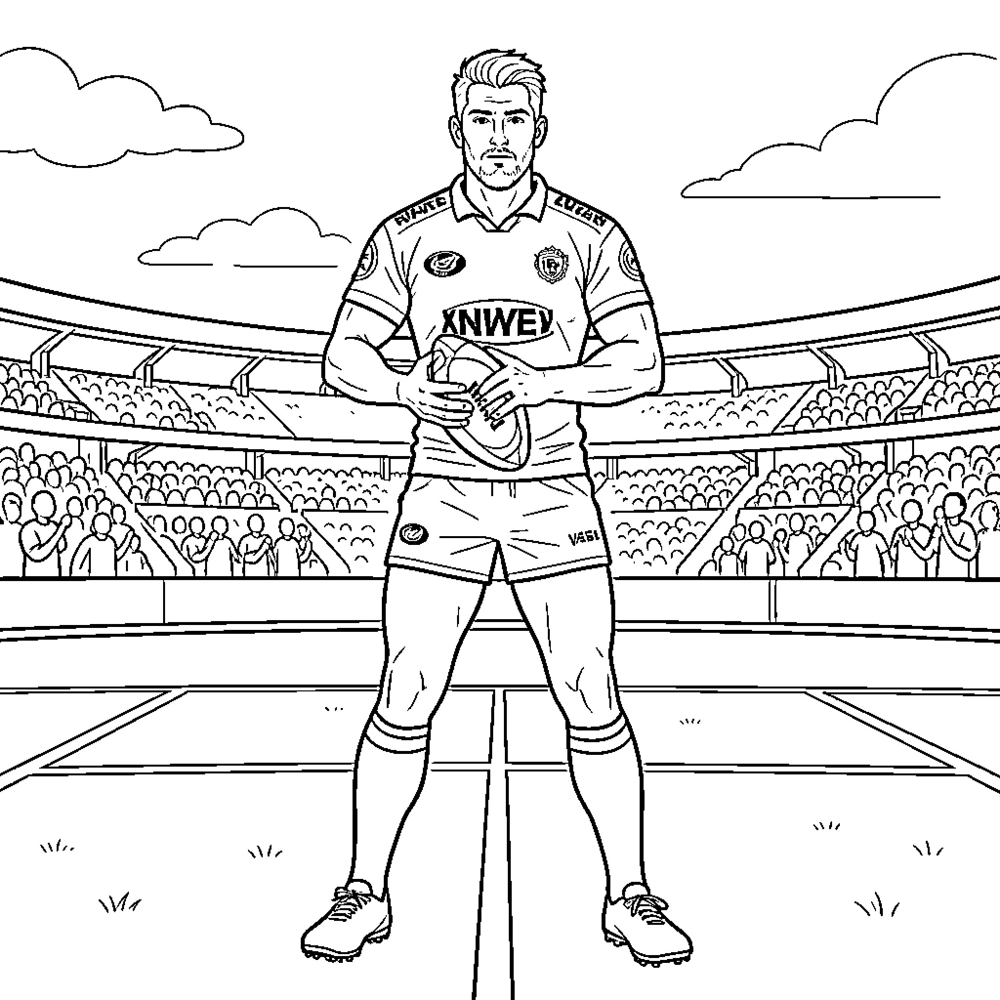 Nathan Cleary holding a rugby ball in a stadium Coloring Page (free black-and-white line drawing printable PDF for all, from beginners to advanced learners, including children, teens, adults, and seniors)