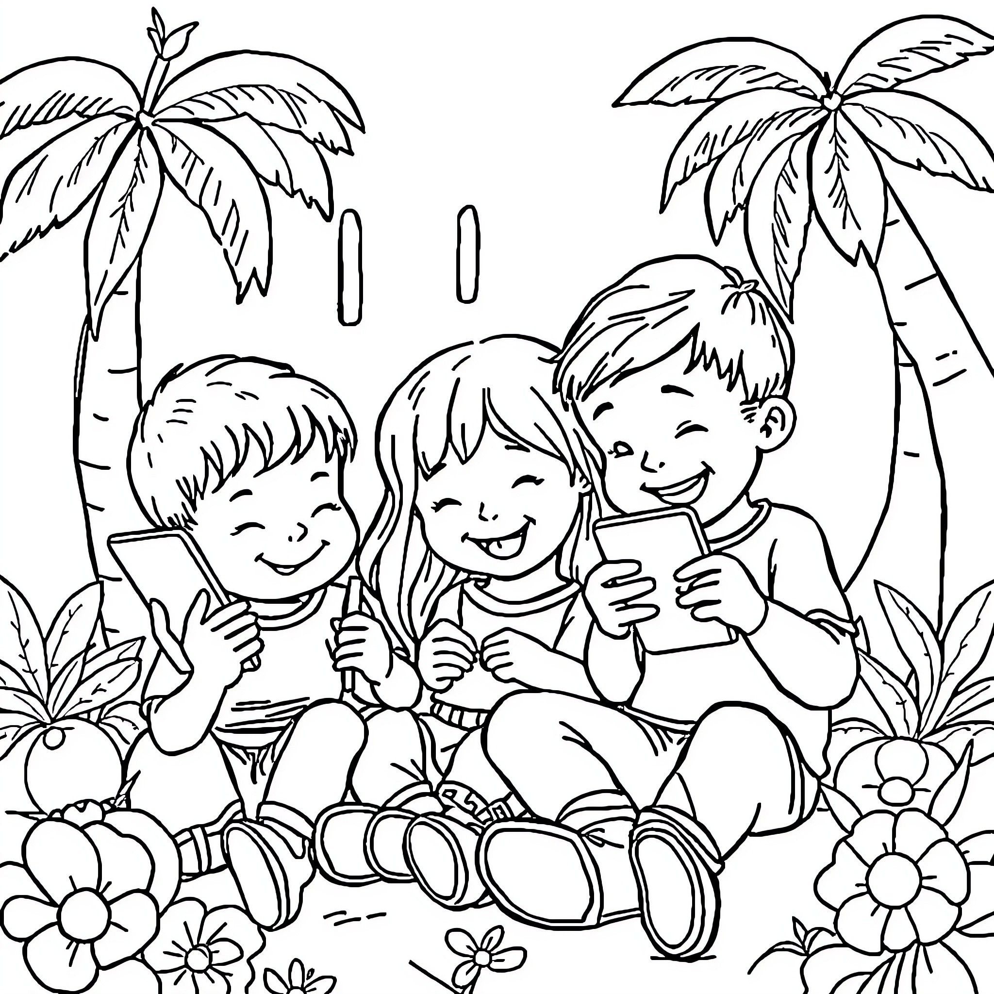 Toka Boka: Children Playing Happily in Tropical Garden Coloring Page (free black-and-white line drawing printable PDF for all, from beginners to advanced learners, including children, teens, adults, and seniors)