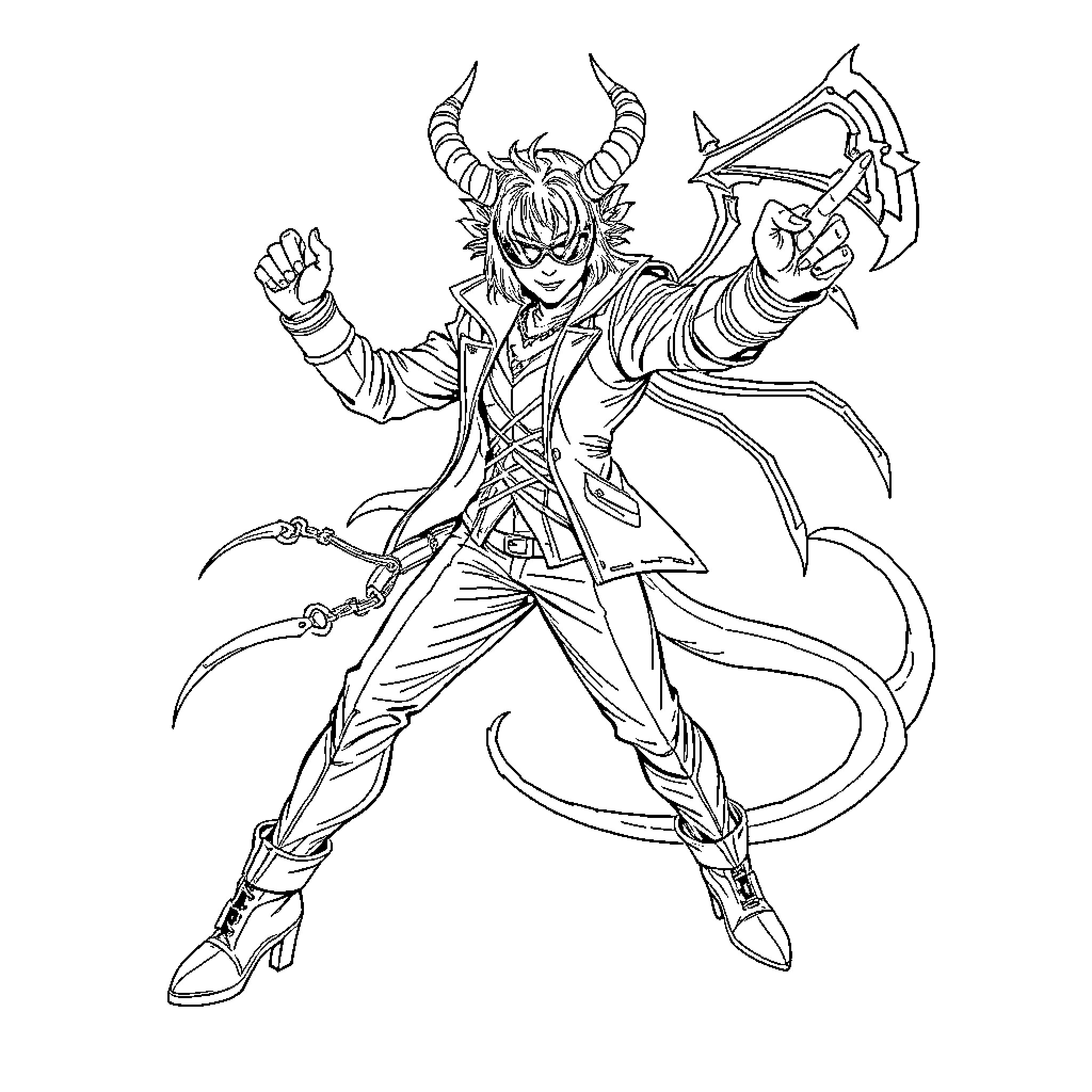 Demon Hunter with Intricate Weapon Wielding Pose Coloring Page (free black-and-white line drawing printable PDF for all, from beginners to advanced learners, including children, teens, adults, and seniors)
