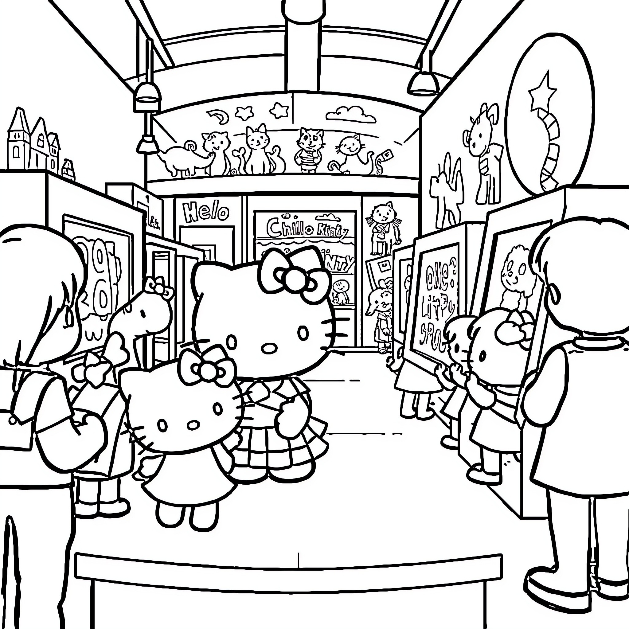 Hello Kitty and Friends Explore Whimsical Carnival Scene Coloring Page (free black-and-white line drawing printable PDF for all, from beginners to advanced learners, including children, teens, adults, and seniors)