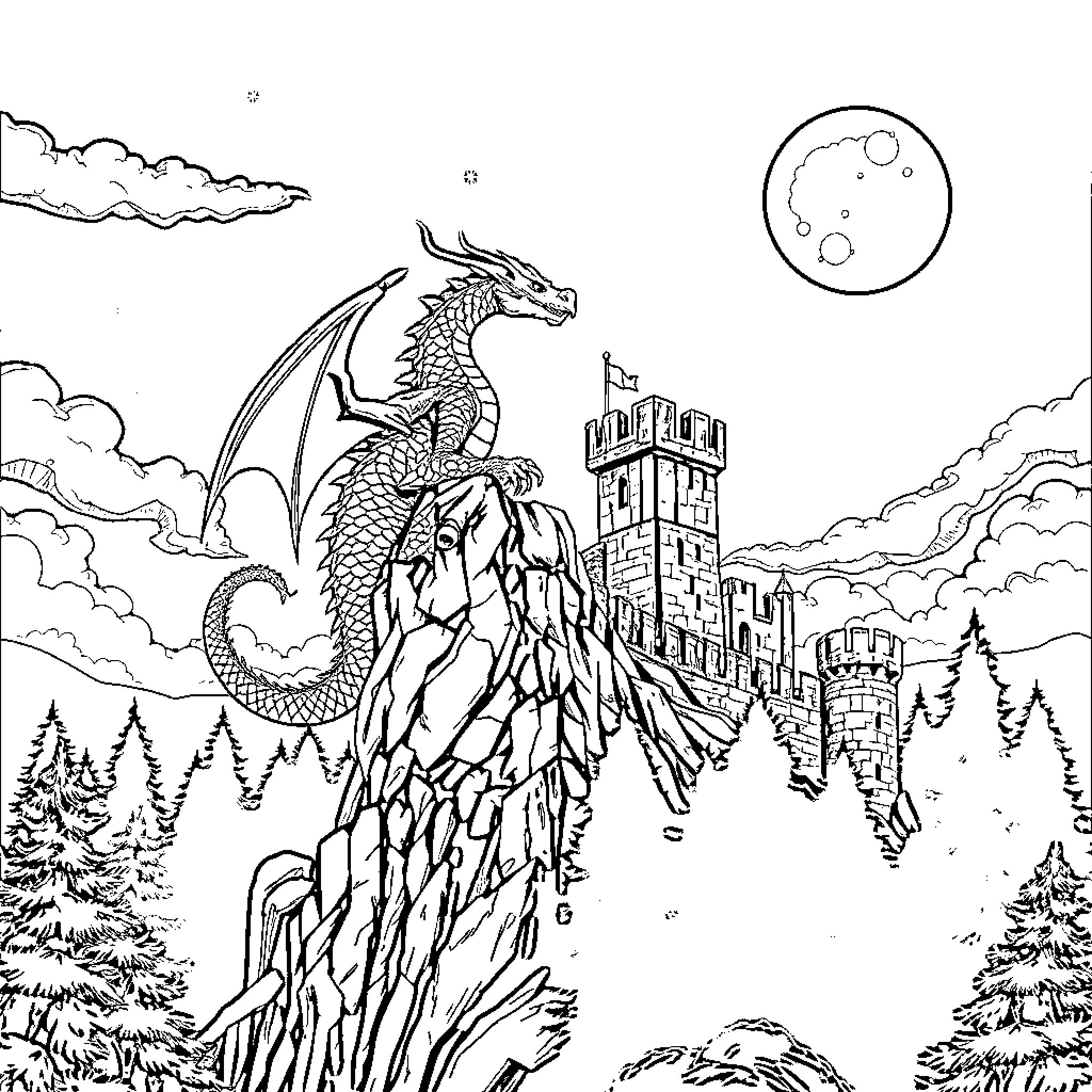 Dragon guarding a majestic castle on a rocky mountain Coloring Page (free black-and-white line drawing printable PDF for all, from beginners to advanced learners, including children, teens, adults, and seniors)