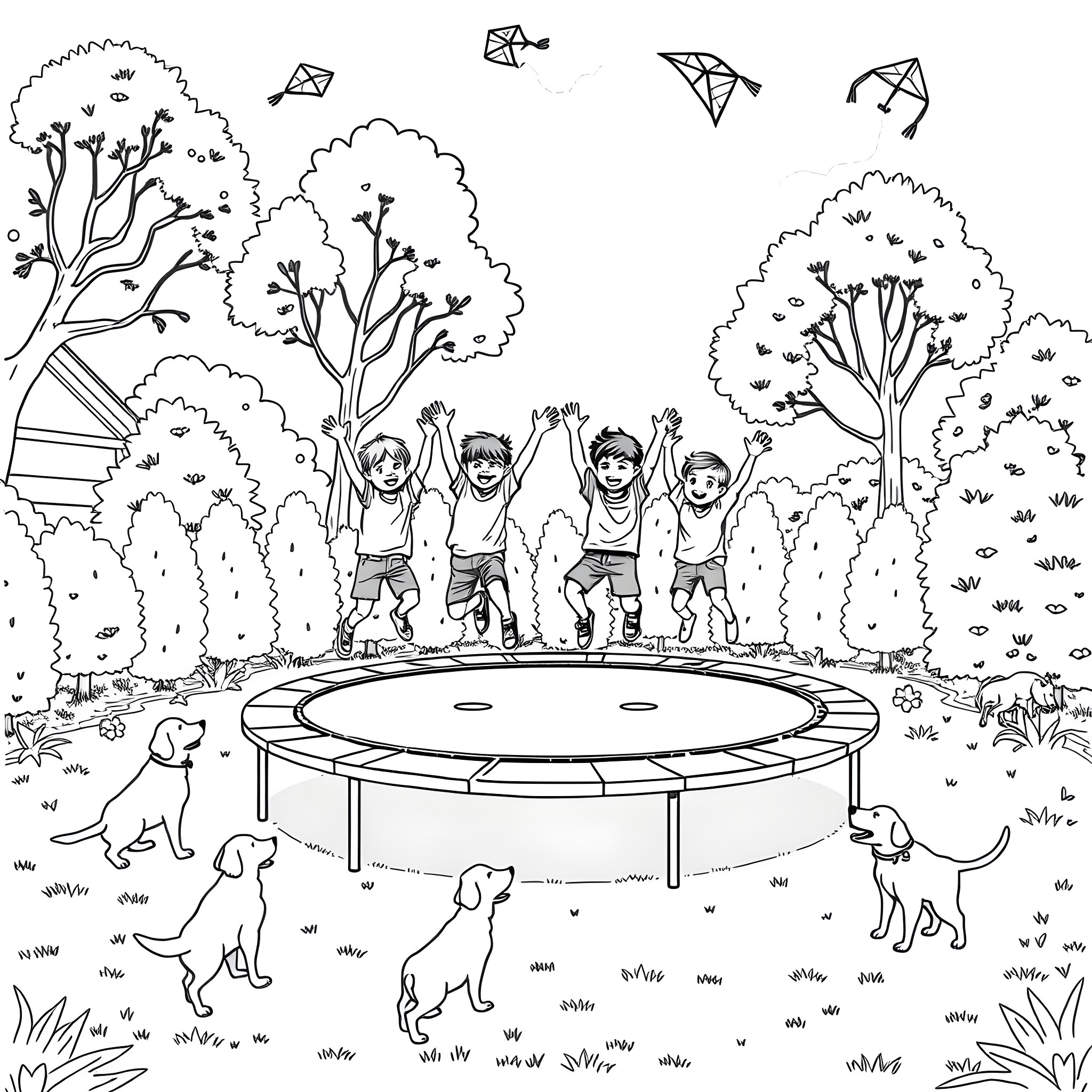 Boy Jumping Joyfully on Trampoline with Friends Coloring Page (free black-and-white line drawing printable PDF for all, from beginners to advanced learners, including children, teens, adults, and seniors)