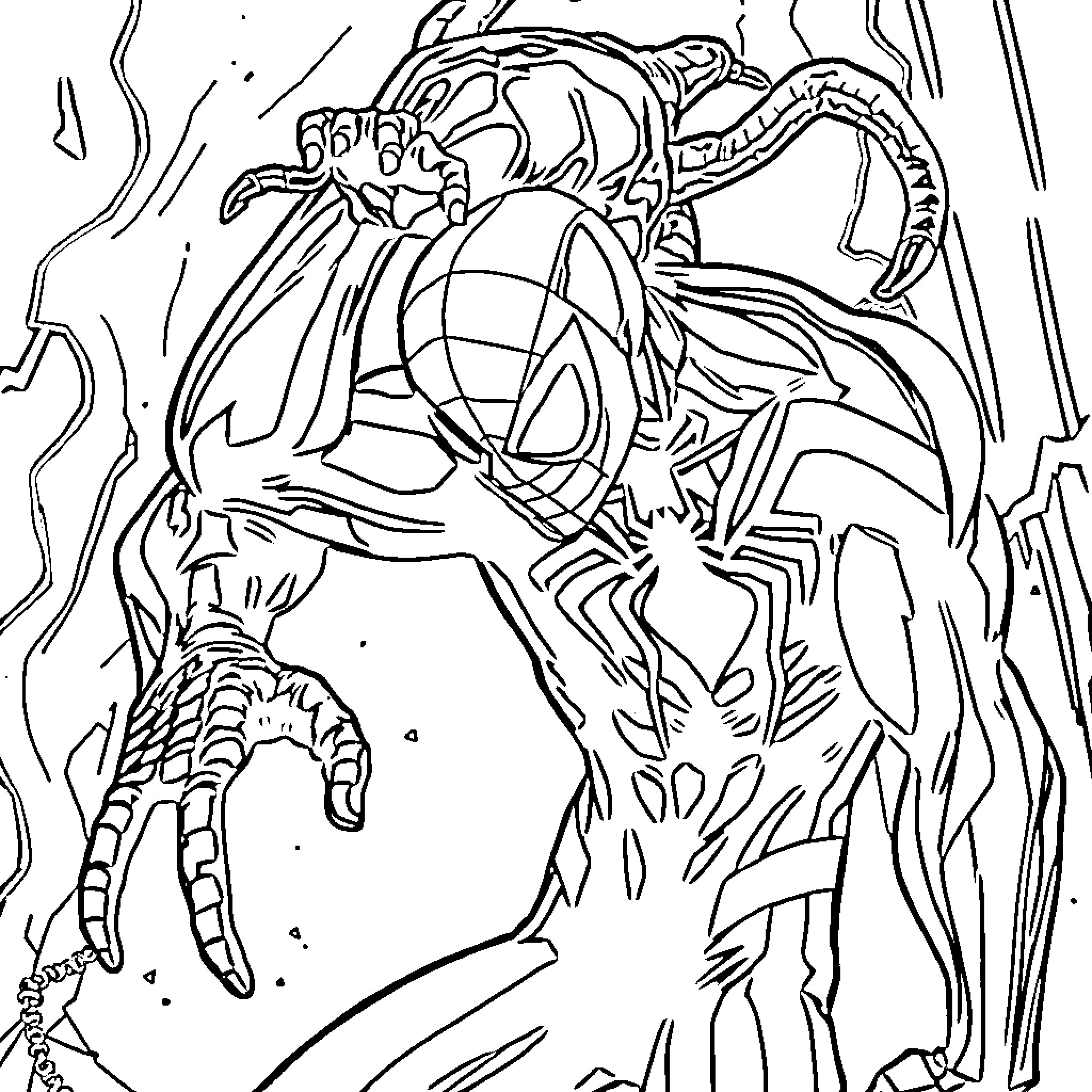 Spiderman battling a monstrous spider-like creature Coloring Page (free black-and-white line drawing printable PDF for all, from beginners to advanced learners, including children, teens, adults, and seniors)