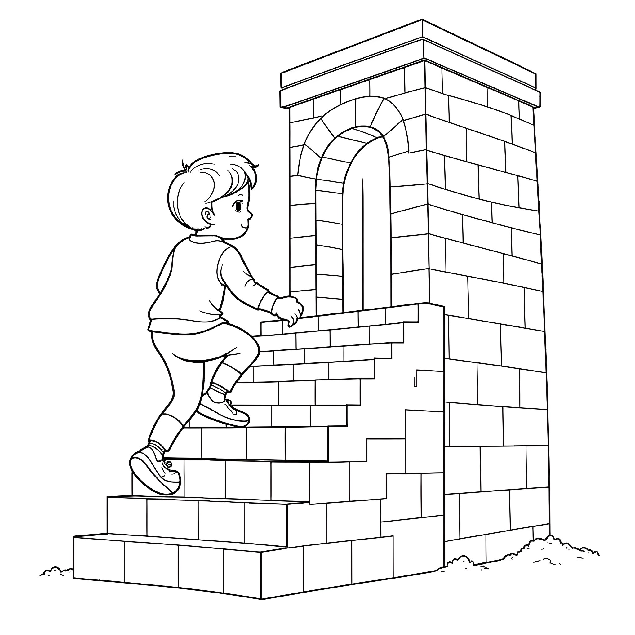 Kid Climbing Stone Stairs to Archway Coloring Page (free black-and-white line drawing printable PDF for all, from beginners to advanced learners, including children, teens, adults, and seniors)