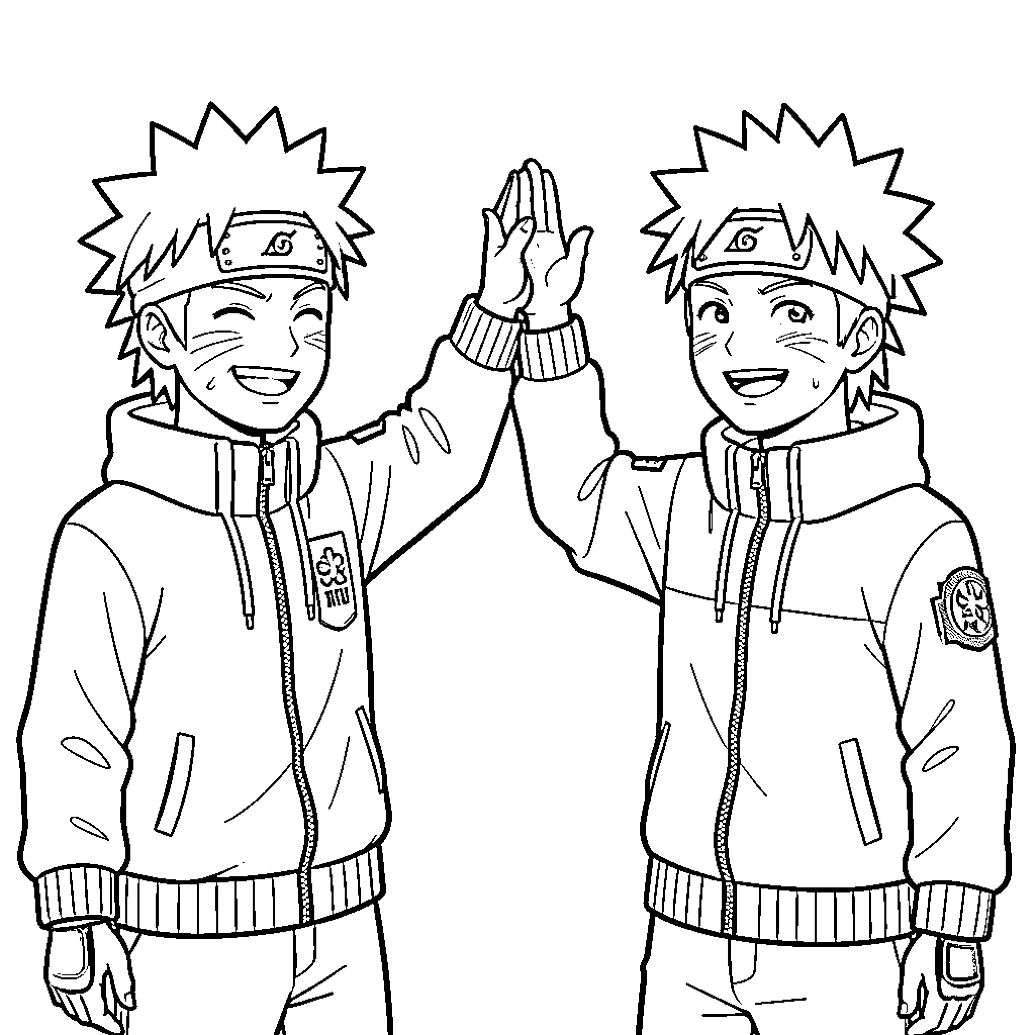 Naruto characters in high-five celebration Coloring Page (free black-and-white line drawing printable PDF for all, from beginners to advanced learners, including children, teens, adults, and seniors)