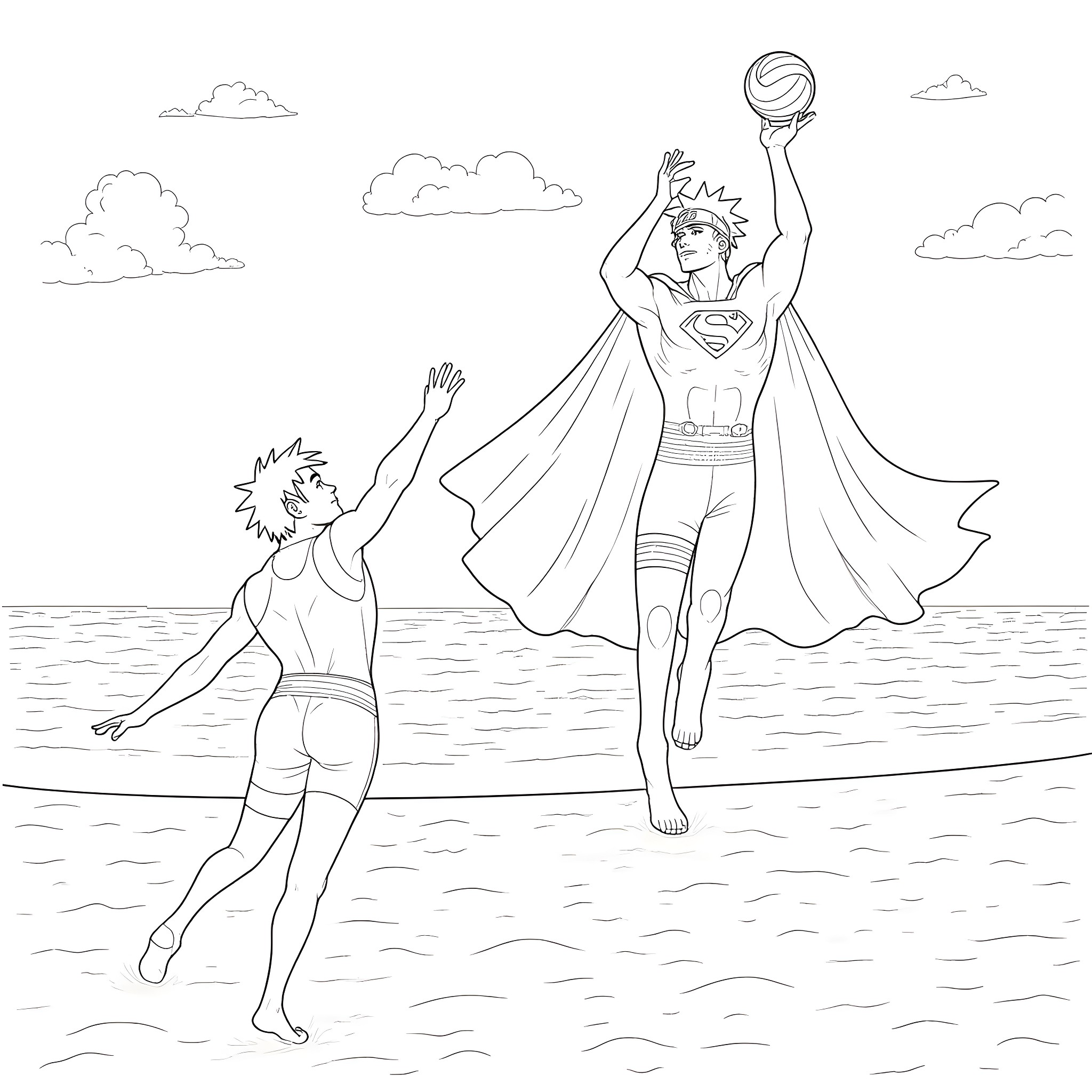Superman uplifting a person in the air Coloring Page (free black-and-white line drawing printable PDF for all, from beginners to advanced learners, including children, teens, adults, and seniors)