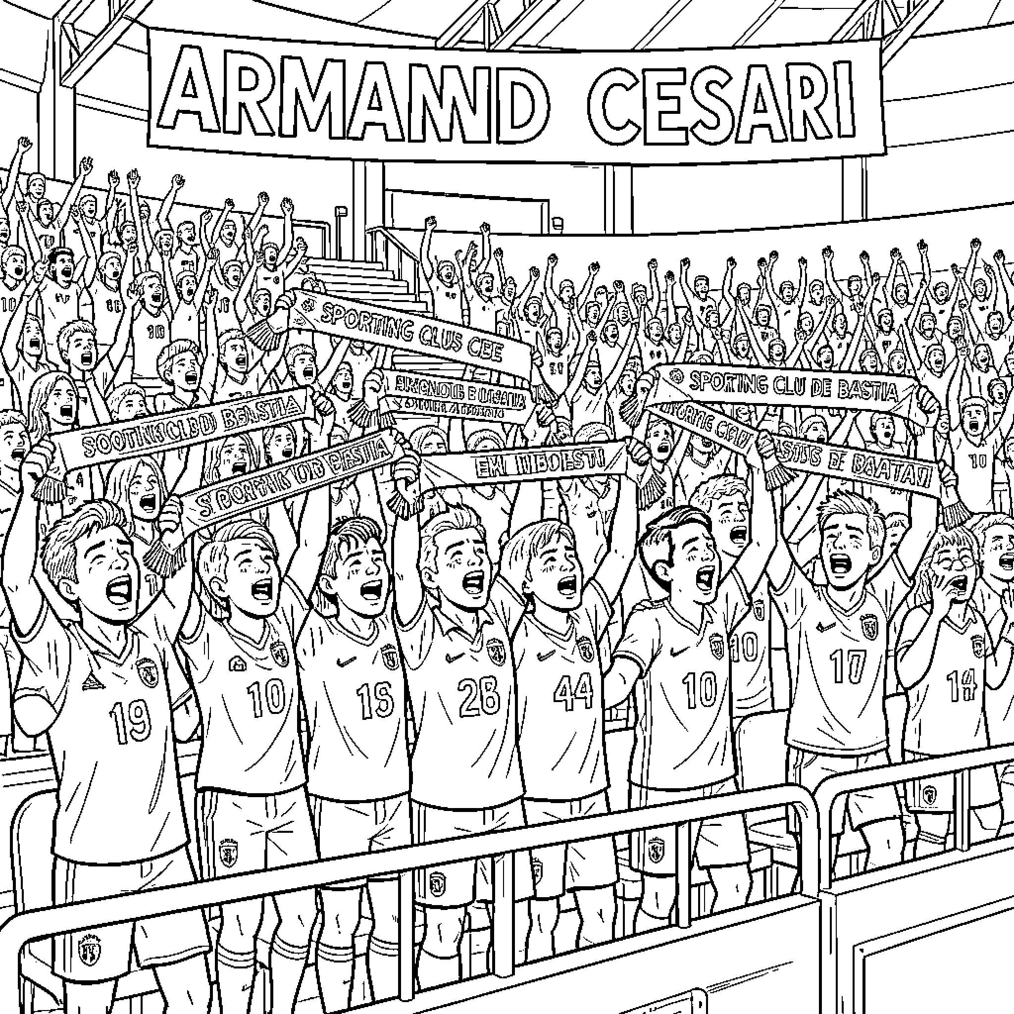 Supporter group cheering enthusiastically in a stadium crowd Coloring Page (free black-and-white line drawing printable PDF for all, from beginners to advanced learners, including children, teens, adults, and seniors)