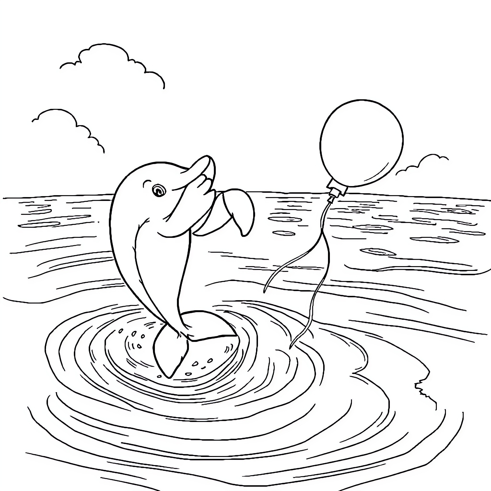 Dolphin playing with balloon in the ocean Coloring Page (free black-and-white line drawing printable PDF for all, from beginners to advanced learners, including children, teens, adults, and seniors)