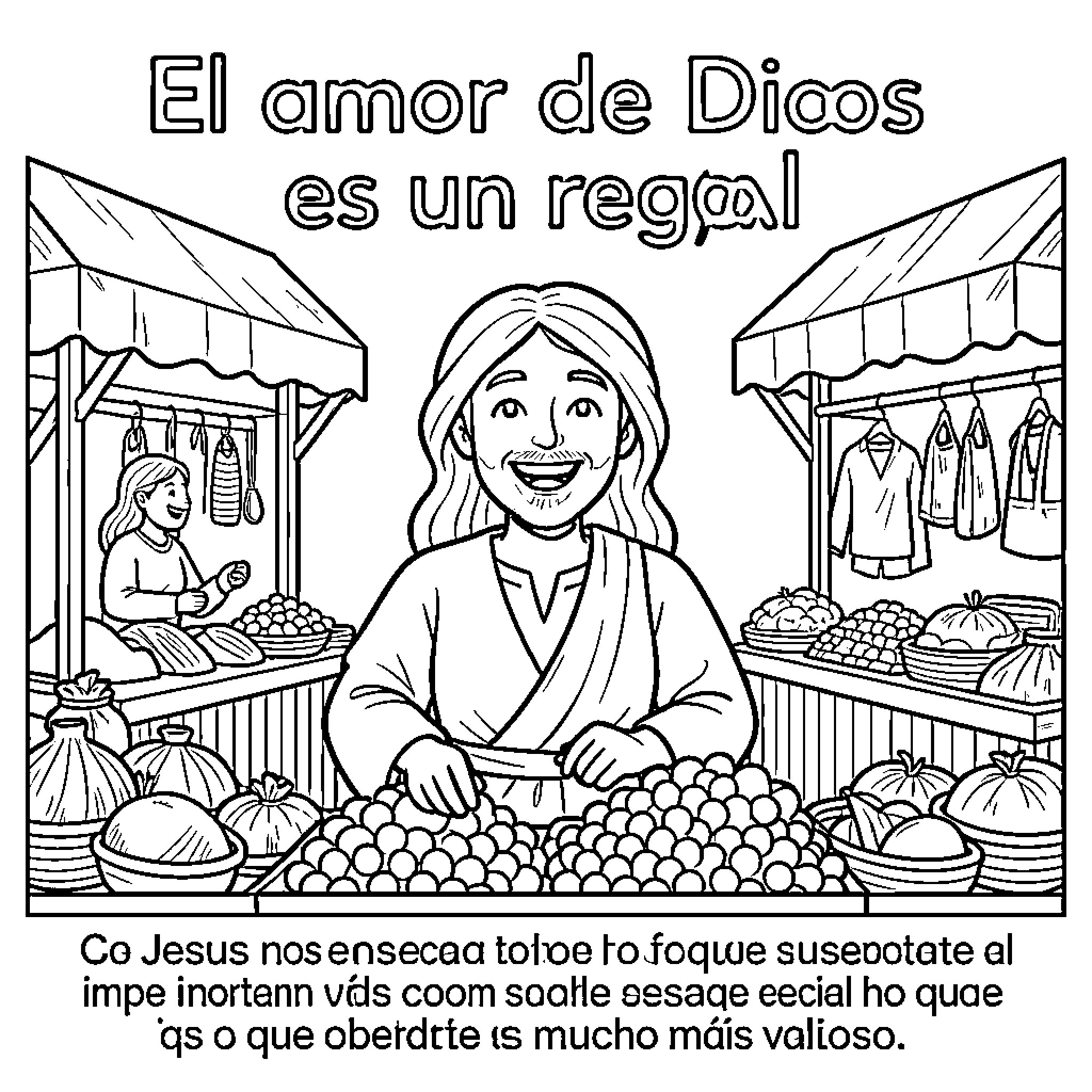 Dios smiling while offering fruits at a market stall Coloring Page (free black-and-white line drawing printable PDF for all, from beginners to advanced learners, including children, teens, adults, and seniors)
