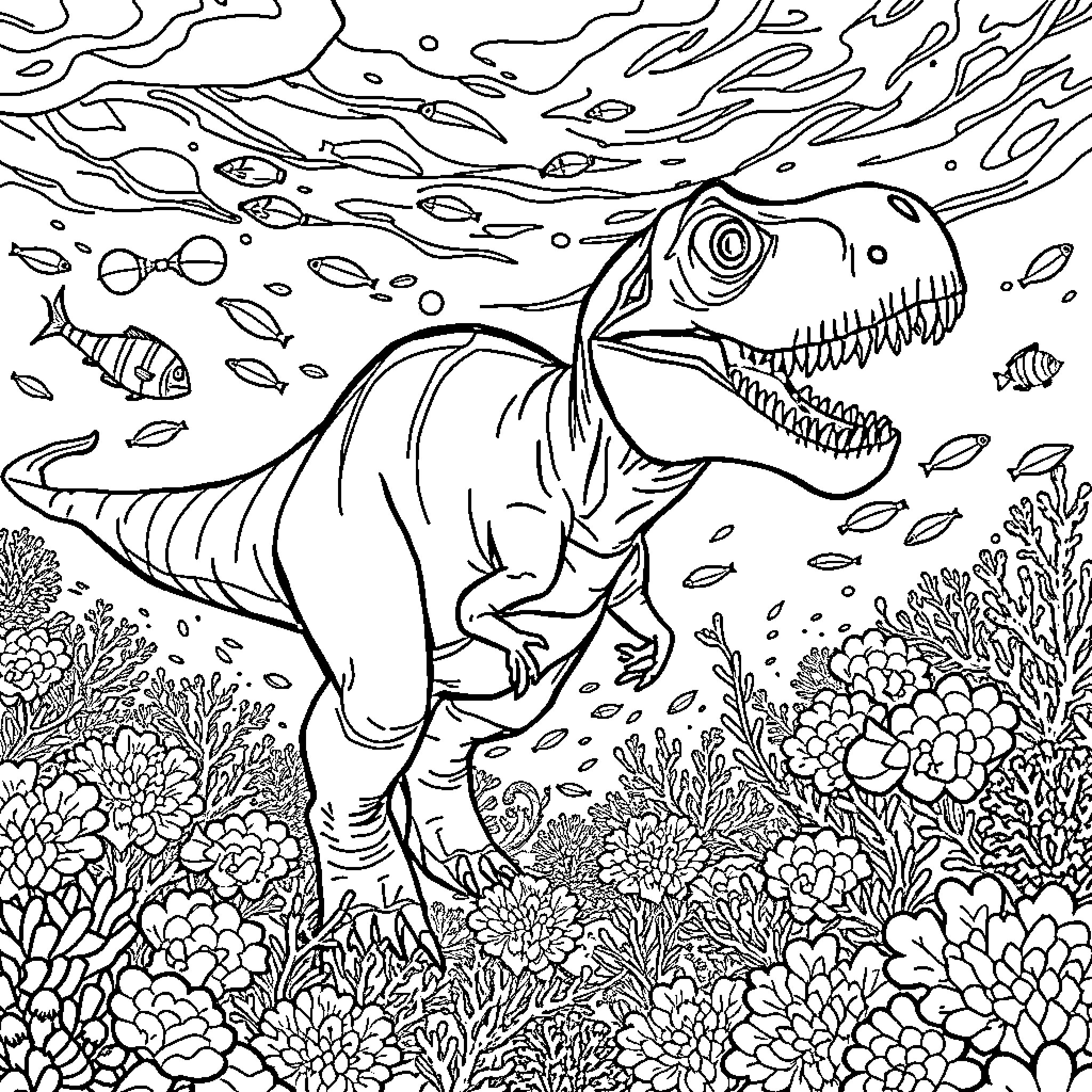 Dinosaur roaming through vibrant underwater coral reef Coloring Page (free black-and-white line drawing printable PDF for all, from beginners to advanced learners, including children, teens, adults, and seniors)
