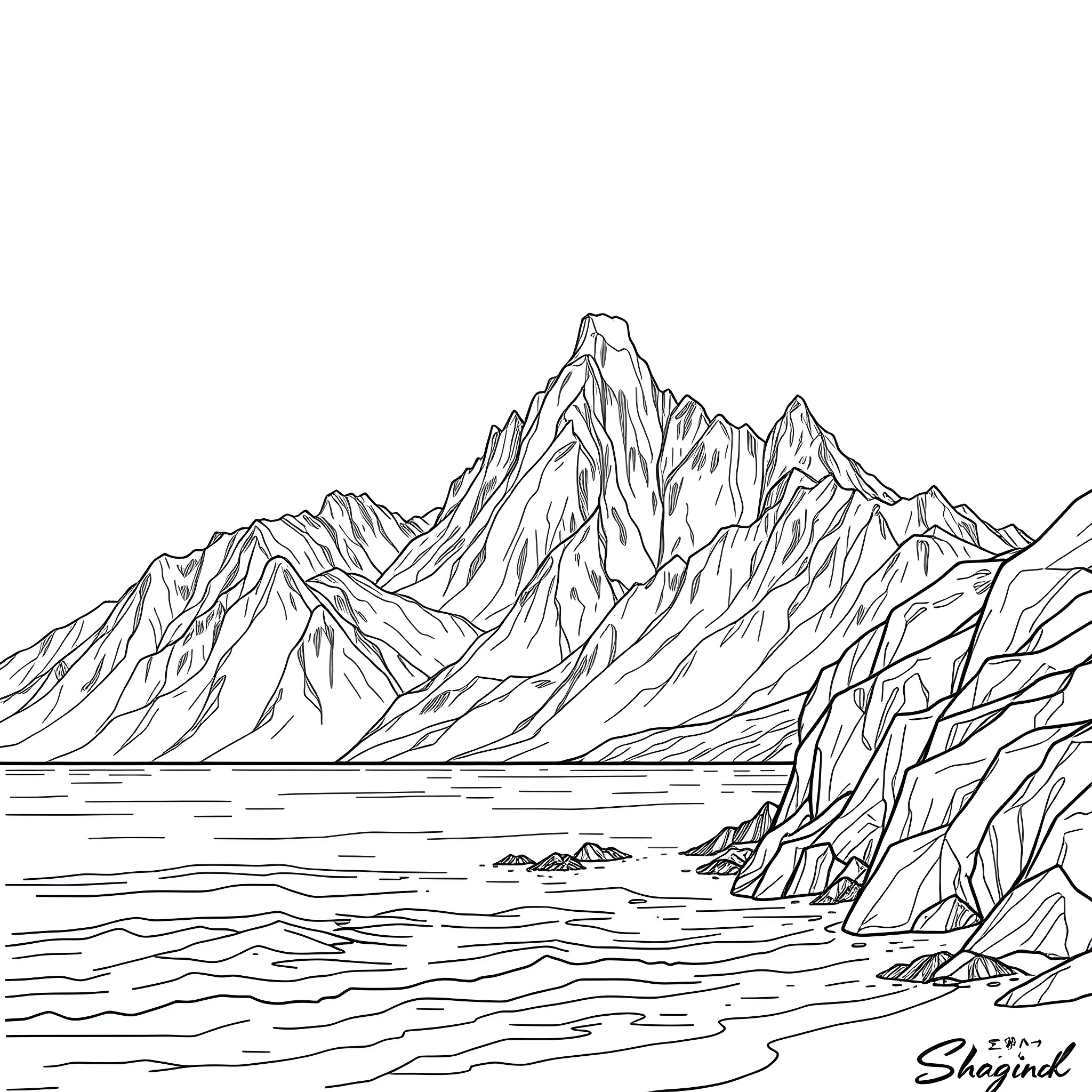 Mountain scenery with rugged peaks and calm waters Coloring Page (free black-and-white line drawing printable PDF for all, from beginners to advanced learners, including children, teens, adults, and seniors)