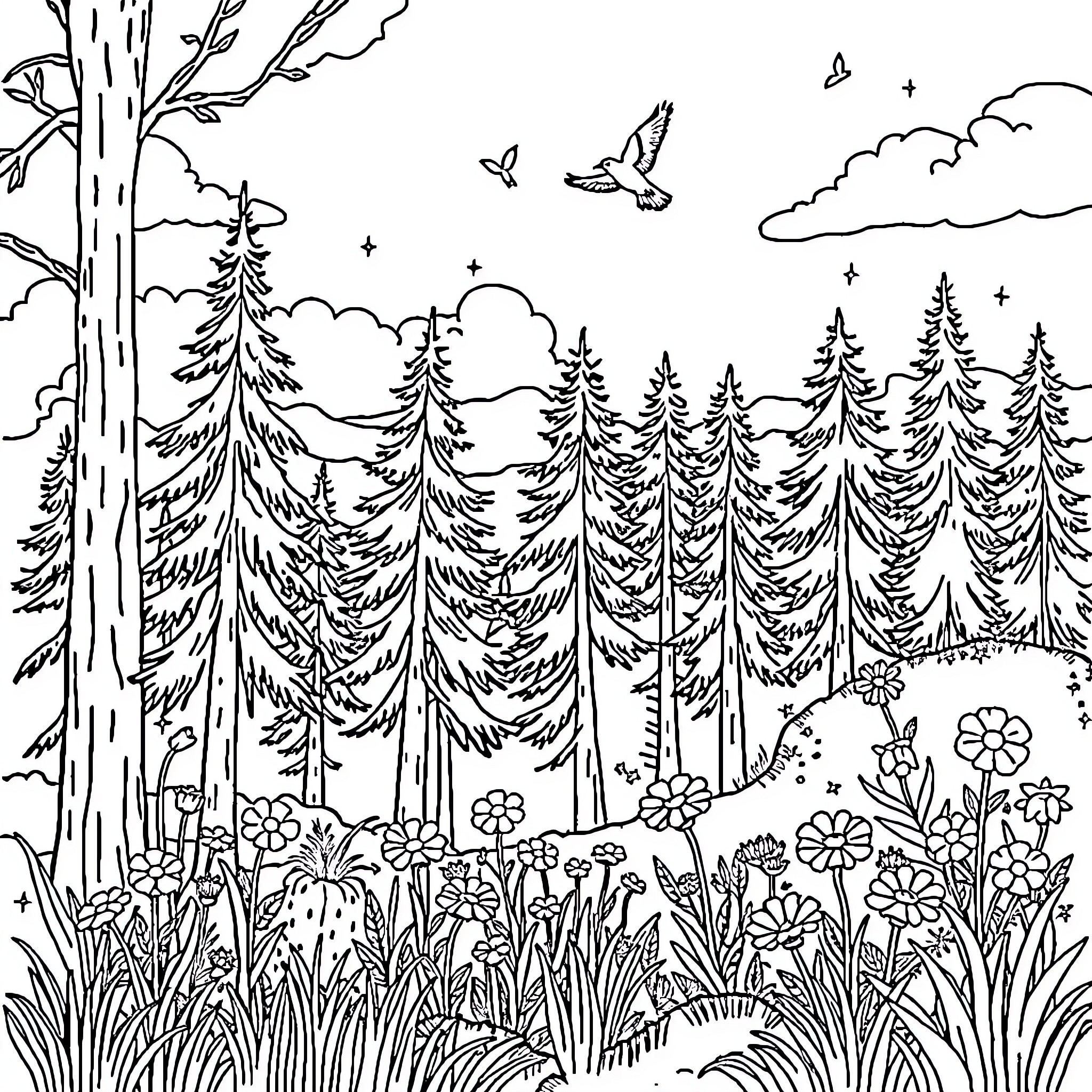 Nature's Serene Landscape with Blossoms and Wildlife Coloring Page (free black-and-white line drawing printable PDF for all, from beginners to advanced learners, including children, teens, adults, and seniors)